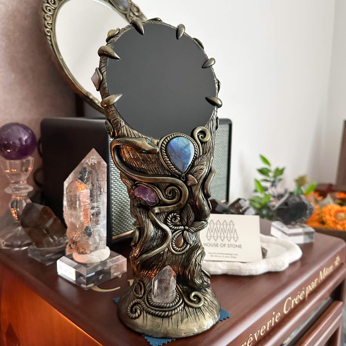 Handmade Natural Black Obsidian Mirror/Magic Obsidian Witch/Crystal Quartz with Base/Scrying Mirror/Root Chakra/Manifest Altar Tool