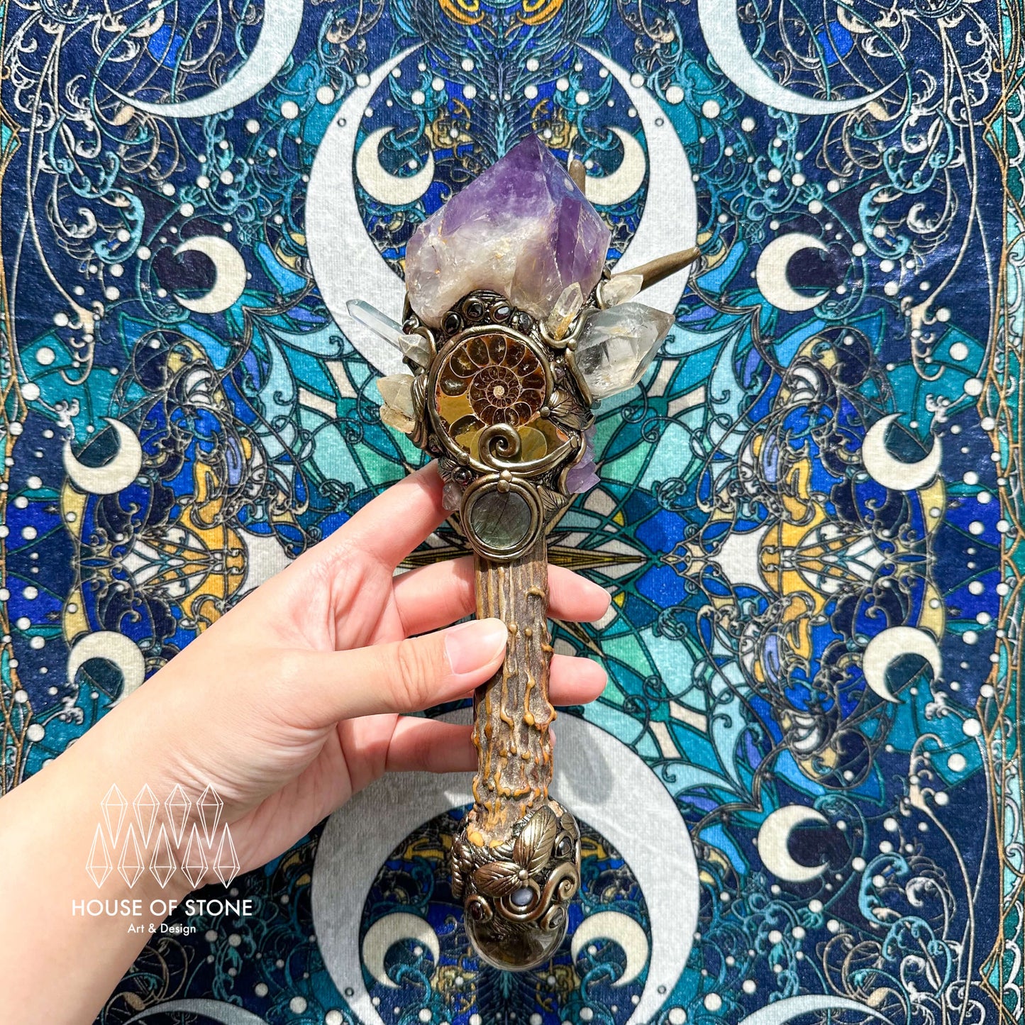 Natural Handmade Crystal Amethyst Antler Wand/Magic Smoky Quartz Witch Wand/Labradorite Amethyst Ammonite Antler Stem/Chakra/Altar Tool