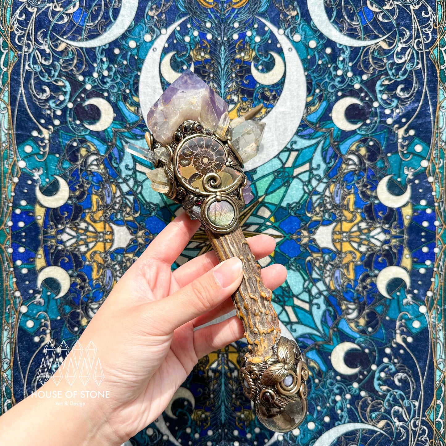 Natural Handmade Crystal Amethyst Antler Wand/Magic Smoky Quartz Witch Wand/Labradorite Amethyst Ammonite Antler Stem/Chakra/Altar Tool