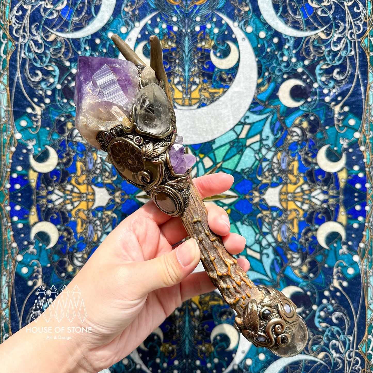 Natural Handmade Crystal Amethyst Antler Wand/Magic Smoky Quartz Witch Wand/Labradorite Amethyst Ammonite Antler Stem/Chakra/Altar Tool