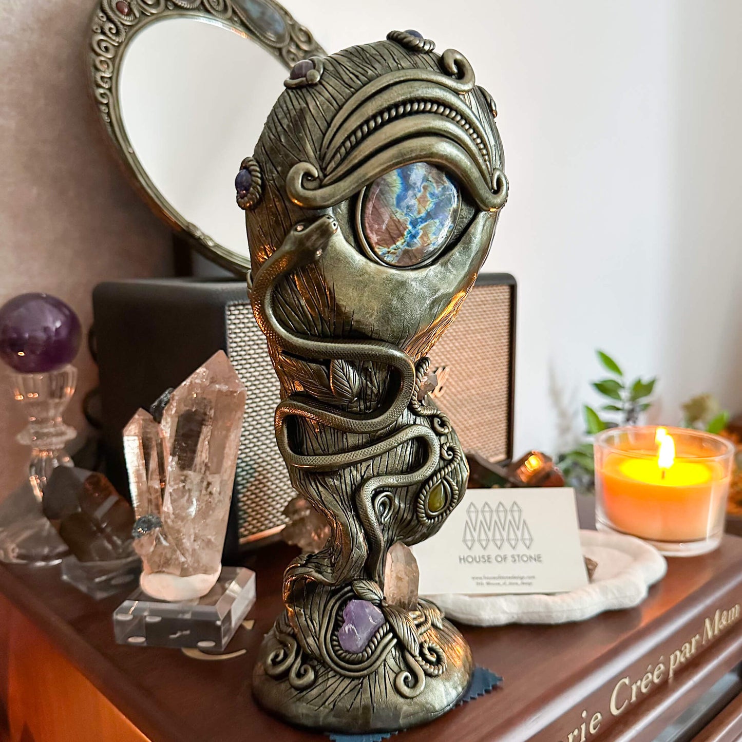 Handmade Natural Black Obsidian Mirror/Magic Obsidian Witch/Crystal Quartz with Base/Scrying Mirror/Root Chakra/Manifest Altar Tool