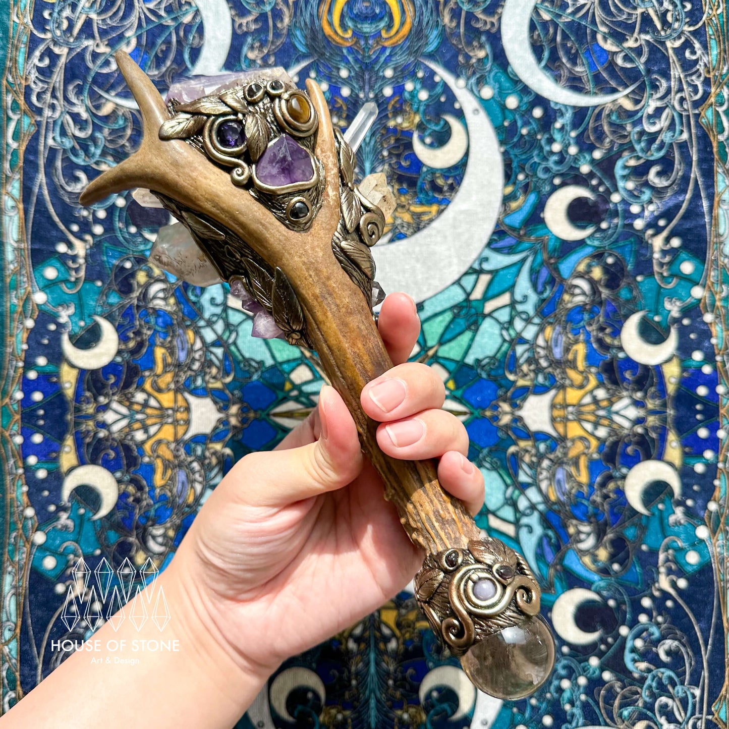 Natural Handmade Crystal Amethyst Antler Wand/Magic Smoky Quartz Witch Wand/Labradorite Amethyst Ammonite Antler Stem/Chakra/Altar Tool