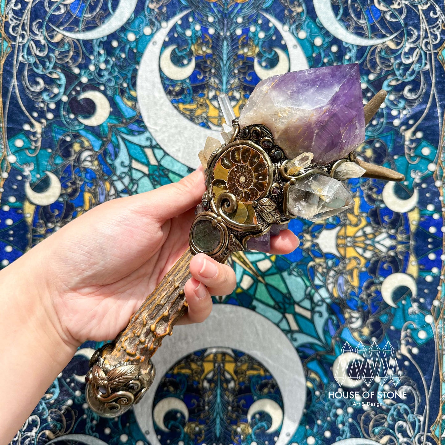 Natural Handmade Crystal Amethyst Antler Wand/Magic Smoky Quartz Witch Wand/Labradorite Amethyst Ammonite Antler Stem/Chakra/Altar Tool