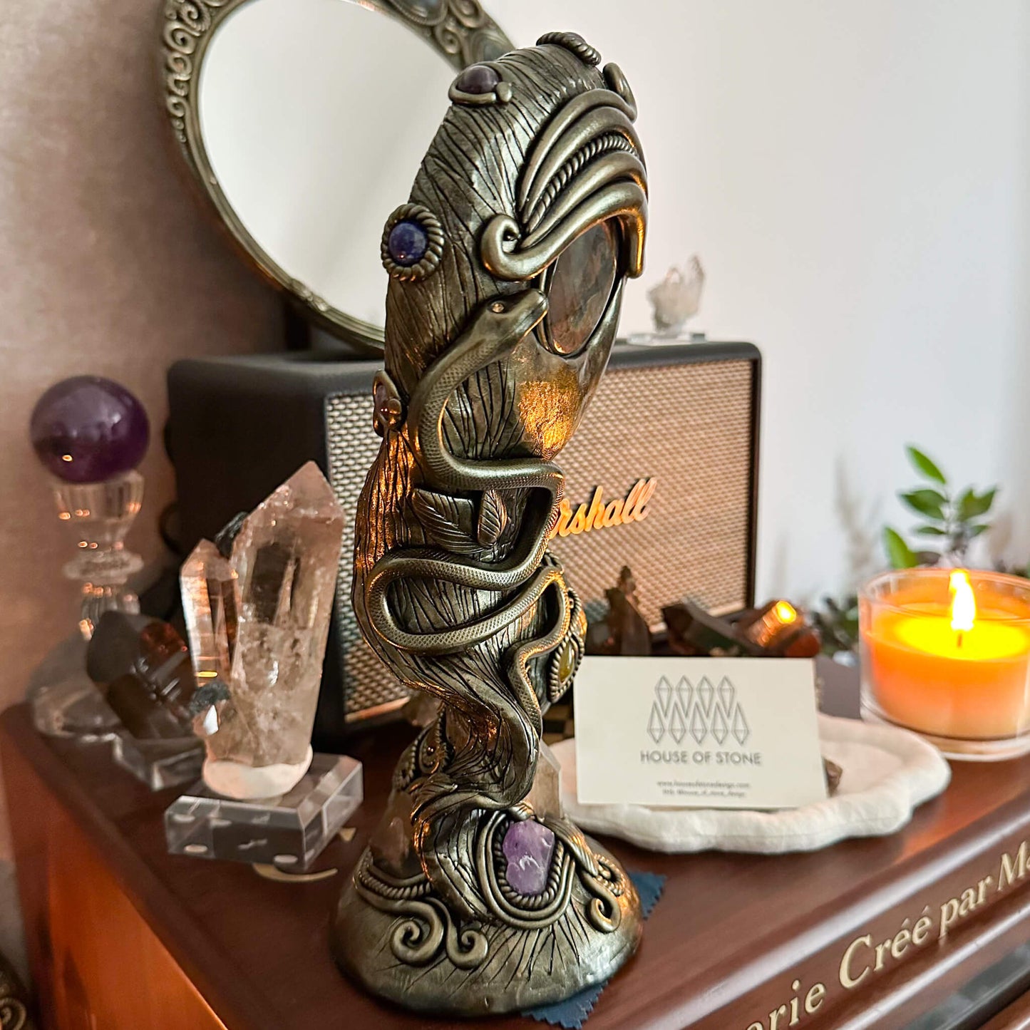 Handmade Natural Black Obsidian Mirror/Magic Obsidian Witch/Crystal Quartz with Base/Scrying Mirror/Root Chakra/Manifest Altar Tool