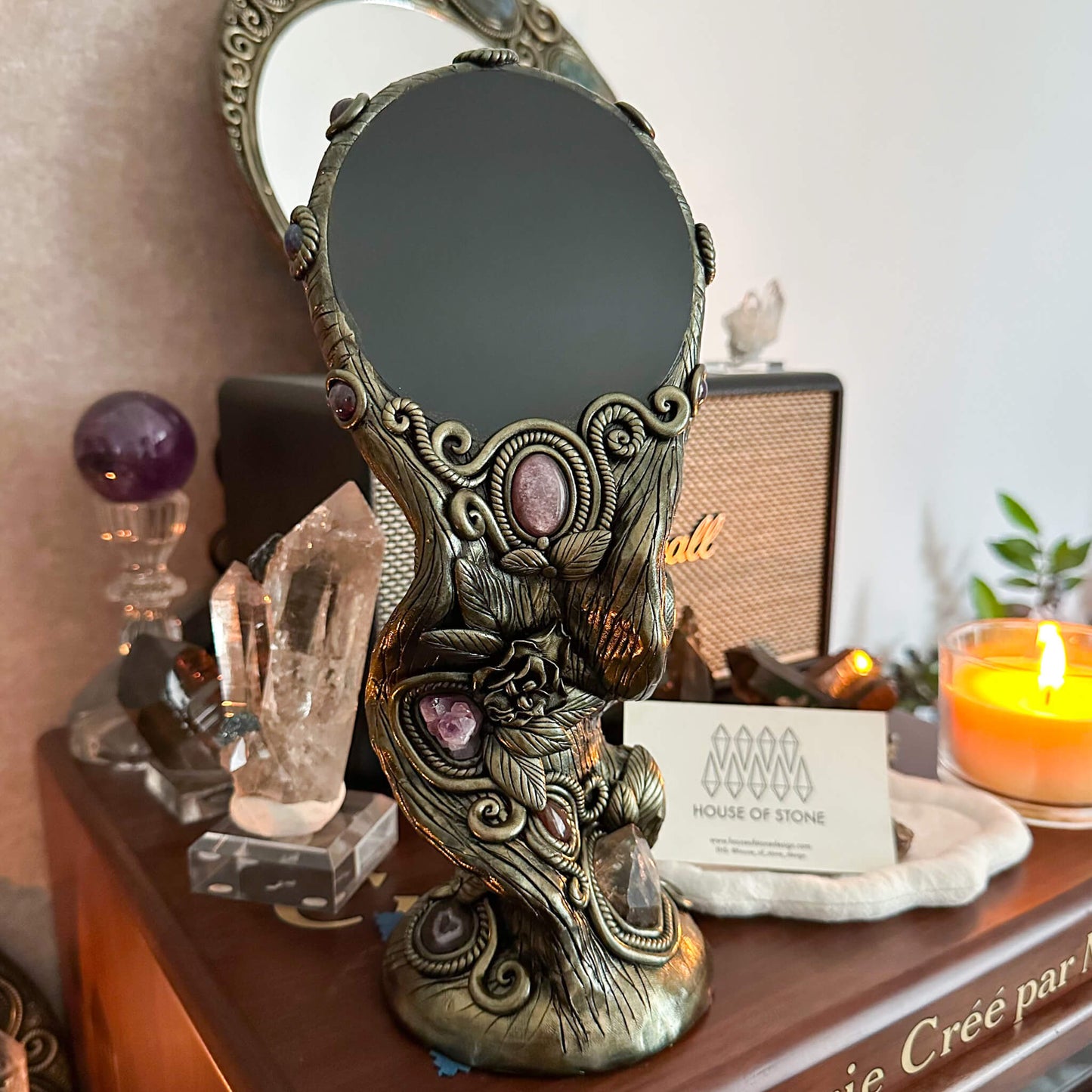Handmade Natural Black Obsidian Mirror/Magic Obsidian Witch/Crystal Quartz with Base/Scrying Mirror/Root Chakra/Manifest Altar Tool