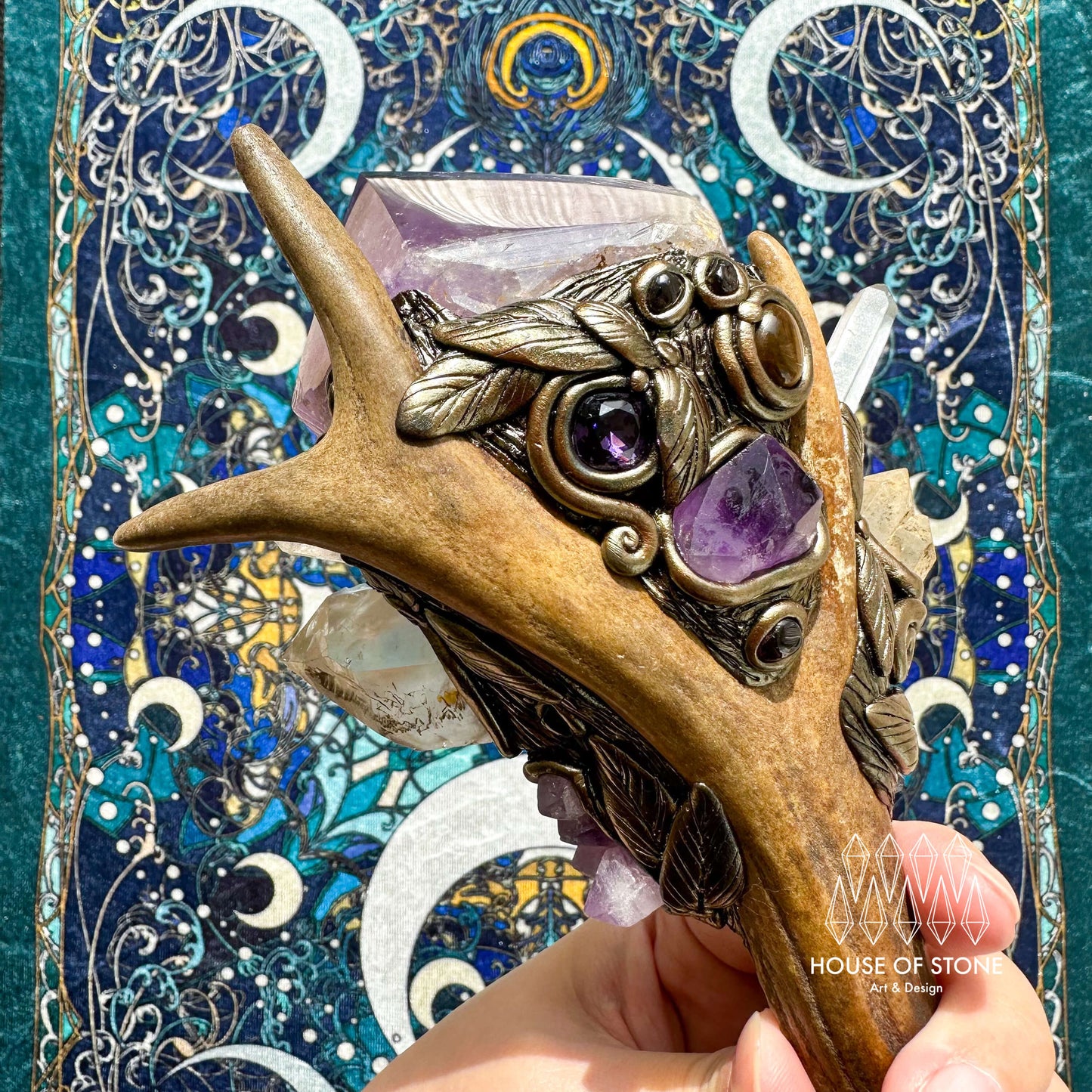 Natural Handmade Crystal Amethyst Antler Wand/Magic Smoky Quartz Witch Wand/Labradorite Amethyst Ammonite Antler Stem/Chakra/Altar Tool