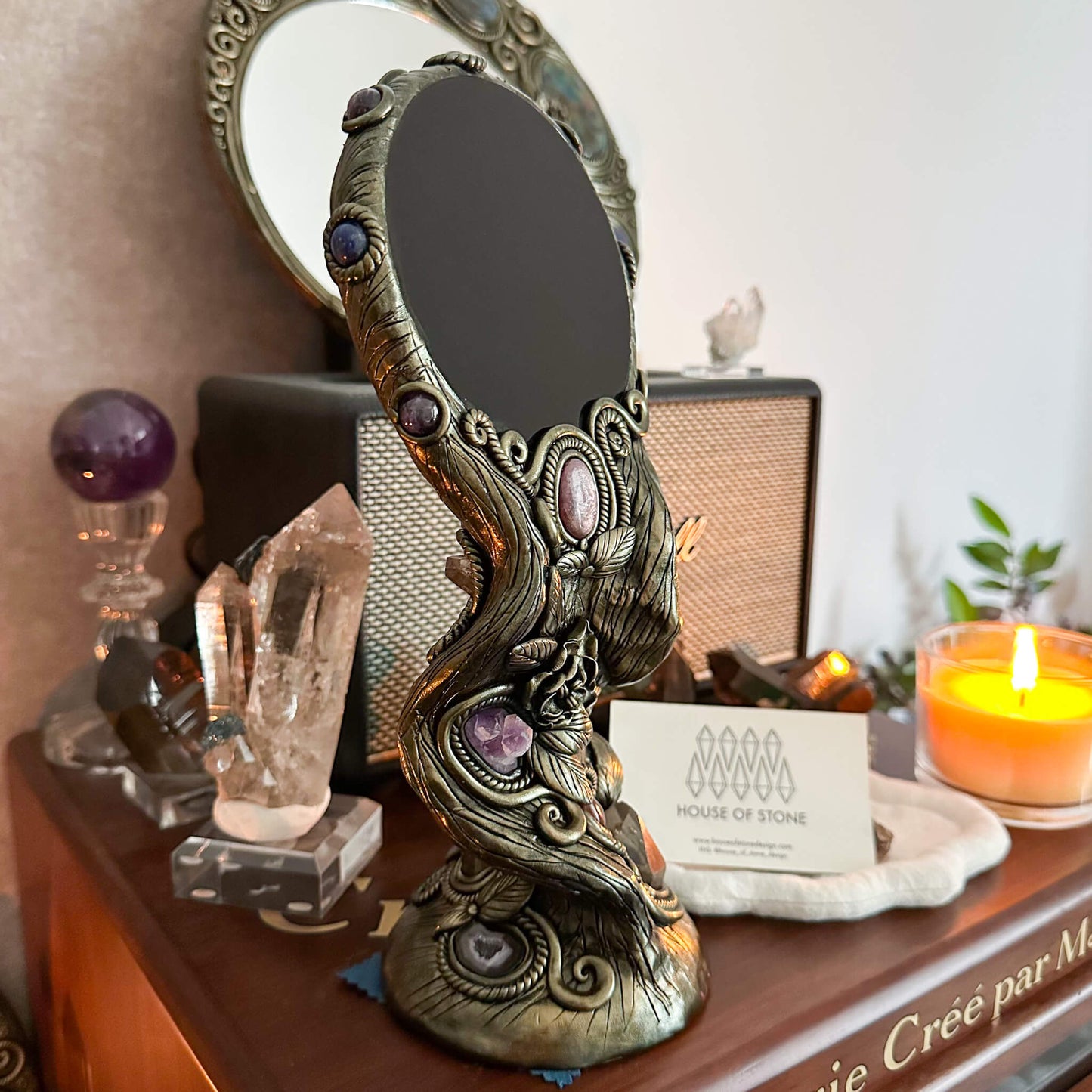 Handmade Natural Black Obsidian Mirror/Magic Obsidian Witch/Crystal Quartz with Base/Scrying Mirror/Root Chakra/Manifest Altar Tool