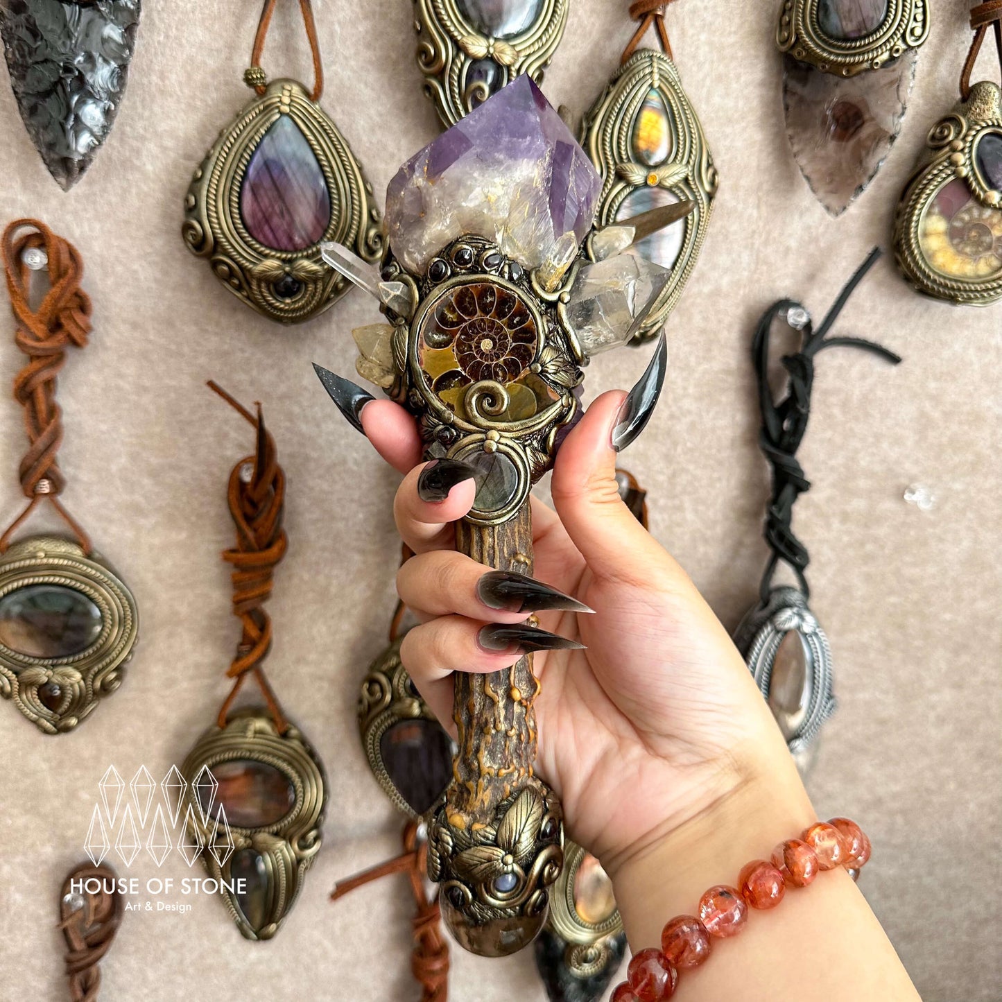 Natural Handmade Crystal Amethyst Antler Wand/Magic Smoky Quartz Witch Wand/Labradorite Amethyst Ammonite Antler Stem/Chakra/Altar Tool