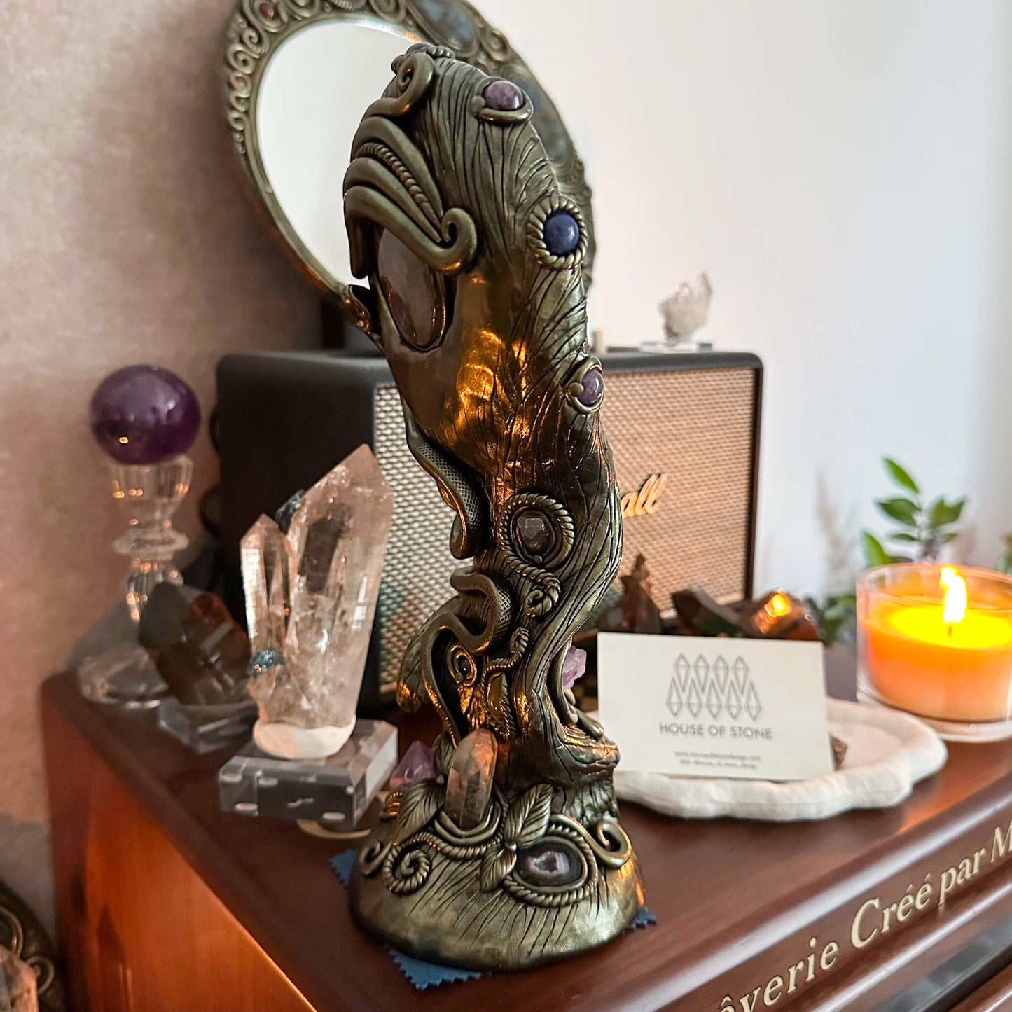 Handmade Natural Black Obsidian Mirror/Magic Obsidian Witch/Crystal Quartz with Base/Scrying Mirror/Root Chakra/Manifest Altar Tool