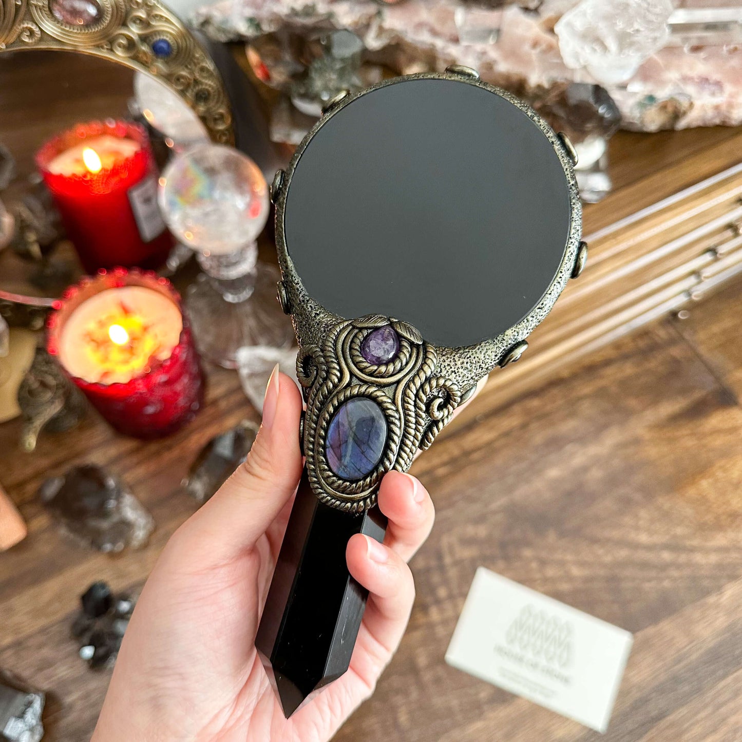 Handmade Natural Black Obsidian Mirror/Magic Obsidian Witch Wand/Crystal Quartz Wand/Scrying Mirror Wand/Root Chakra/Manifest Altar Tool