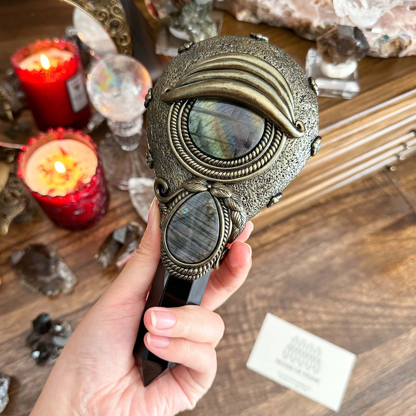 Handmade Natural Black Obsidian Mirror/Magic Obsidian Witch Wand/Crystal Quartz Wand/Scrying Mirror Wand/Root Chakra/Manifest Altar Tool