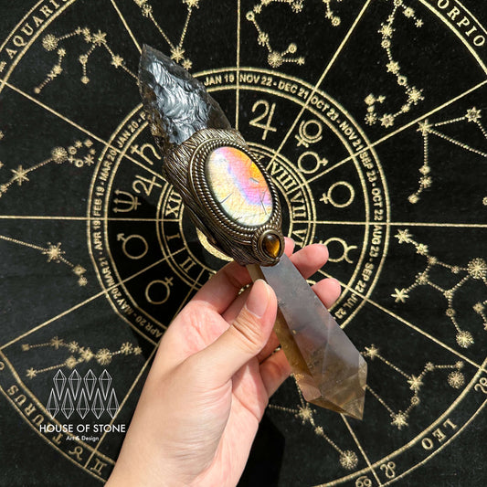 Natural Handmade Smoky Quartz Arrowhead Wand/Magic Smoky Quartz Witch Crystal Wand/Labradorite Wand/Chakra/Manifest Altar Tool