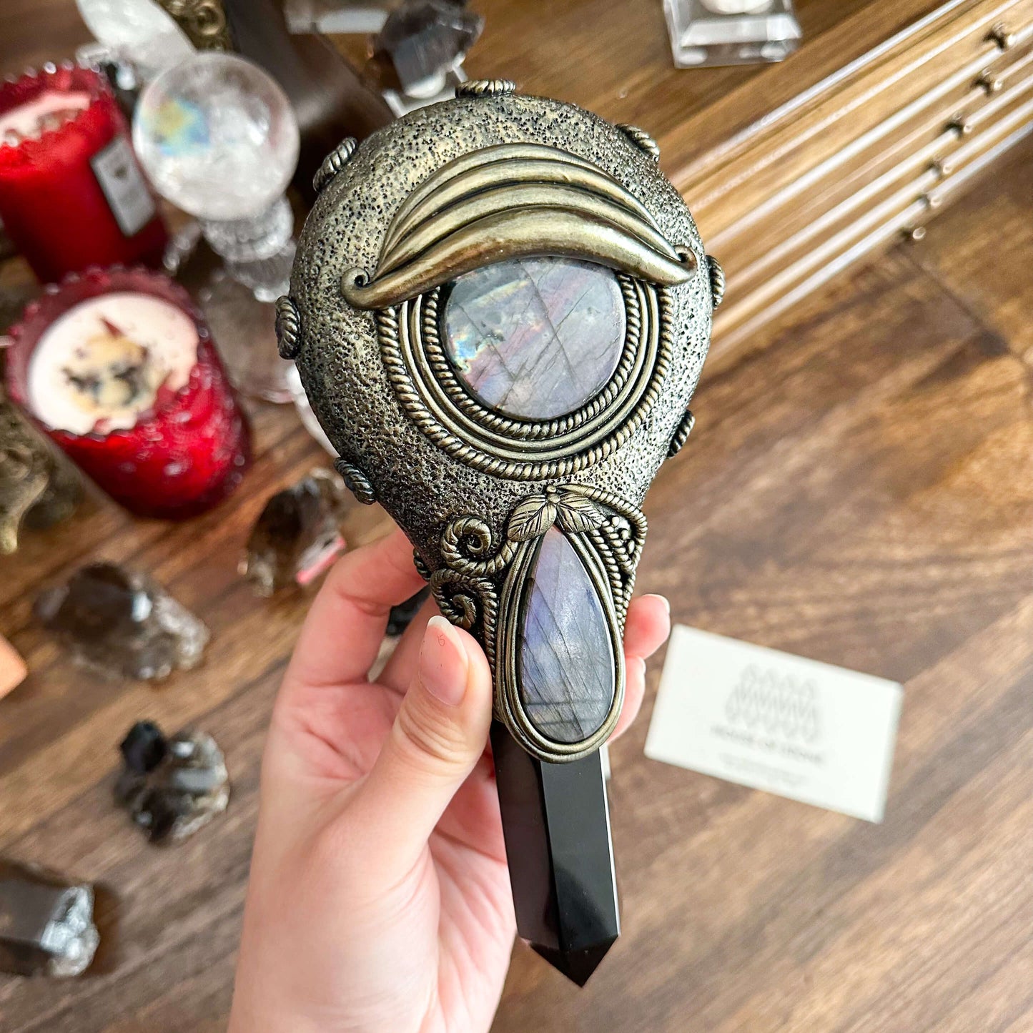 Handmade Natural Black Obsidian Mirror/Magic Obsidian Witch Wand/Crystal Quartz Wand/Scrying Mirror Wand/Root Chakra/Manifest Altar Tool