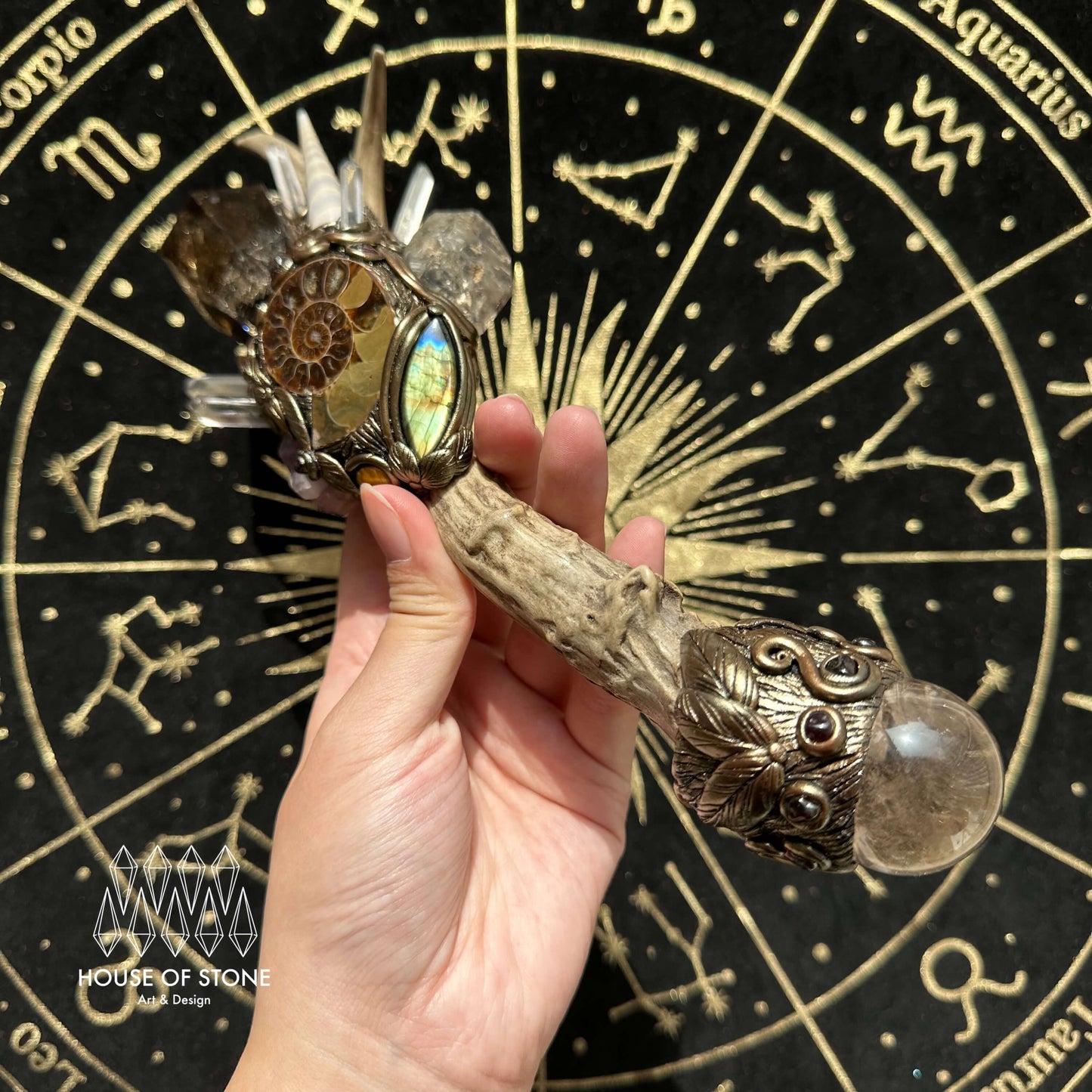 Natural Handmade Crystal Smoky Quartz Antler Wand/Magic Ammonite Witch Wand/Labradorite Amethyst Ammonite Antler Stem/Chakra/Altar Tool
