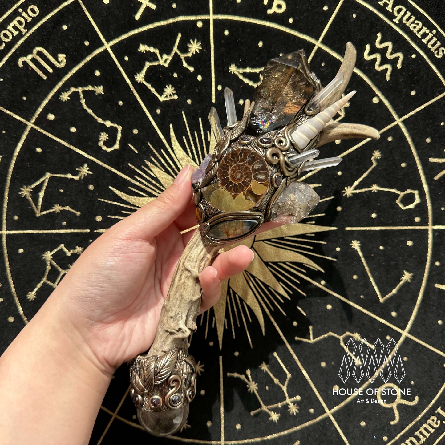 Natural Handmade Crystal Smoky Quartz Antler Wand/Magic Ammonite Witch Wand/Labradorite Amethyst Ammonite Antler Stem/Chakra/Altar Tool