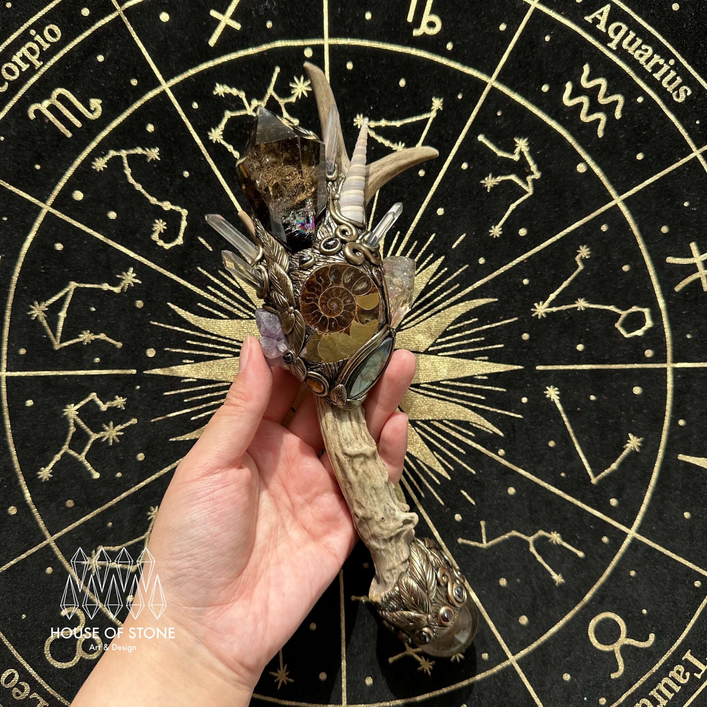 Natural Handmade Crystal Smoky Quartz Antler Wand/Magic Ammonite Witch Wand/Labradorite Amethyst Ammonite Antler Stem/Chakra/Altar Tool
