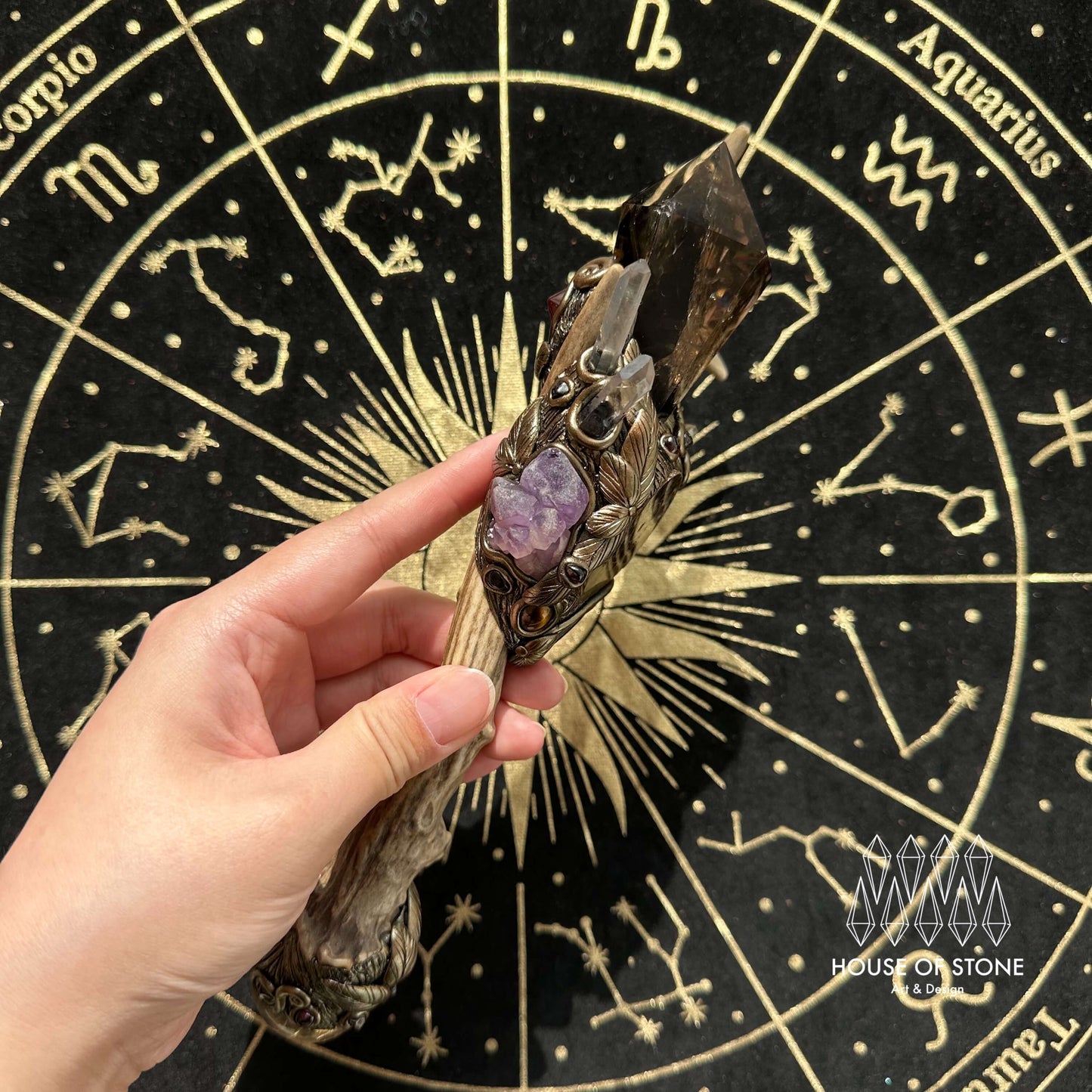 Natural Handmade Crystal Smoky Quartz Antler Wand/Magic Ammonite Witch Wand/Labradorite Amethyst Ammonite Antler Stem/Chakra/Altar Tool