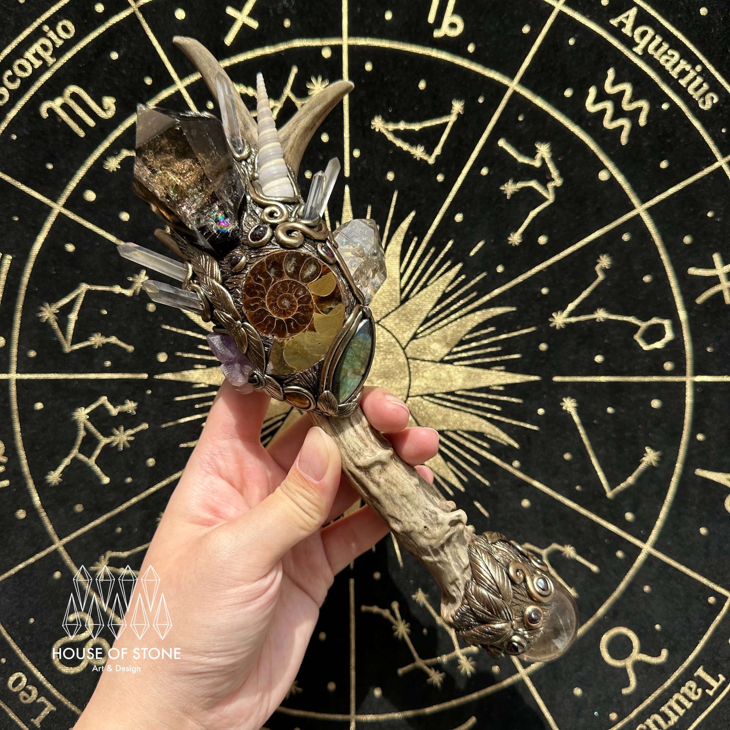 Natural Handmade Crystal Smoky Quartz Antler Wand/Magic Ammonite Witch Wand/Labradorite Amethyst Ammonite Antler Stem/Chakra/Altar Tool