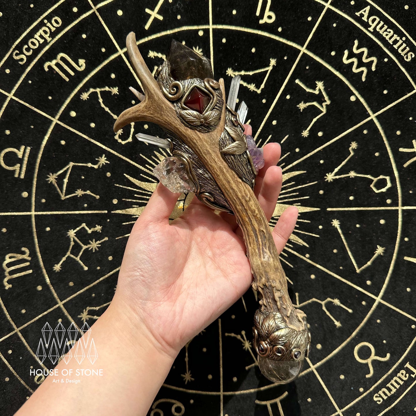 Natural Handmade Crystal Smoky Quartz Antler Wand/Magic Ammonite Witch Wand/Labradorite Amethyst Ammonite Antler Stem/Chakra/Altar Tool