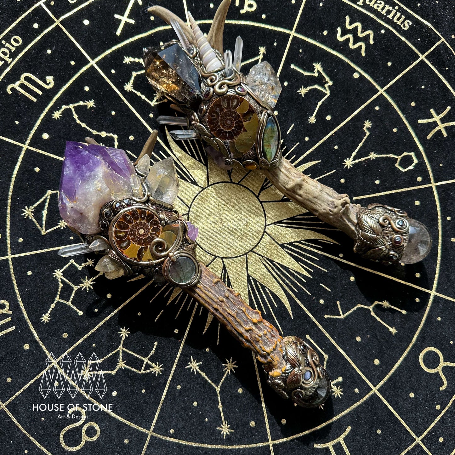 Natural Handmade Crystal Smoky Quartz Antler Wand/Magic Ammonite Witch Wand/Labradorite Amethyst Ammonite Antler Stem/Chakra/Altar Tool