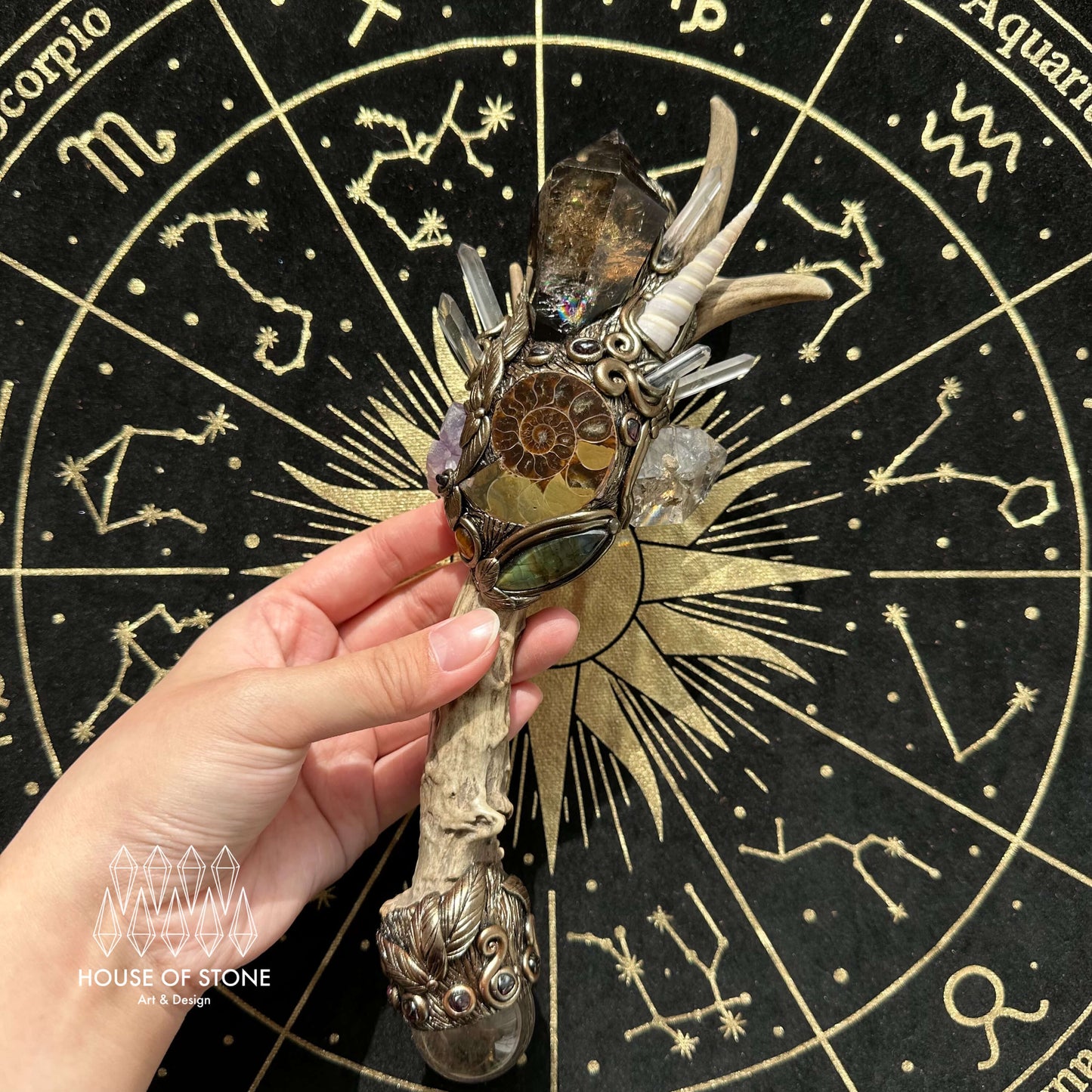 Natural Handmade Crystal Smoky Quartz Antler Wand/Magic Ammonite Witch Wand/Labradorite Amethyst Ammonite Antler Stem/Chakra/Altar Tool