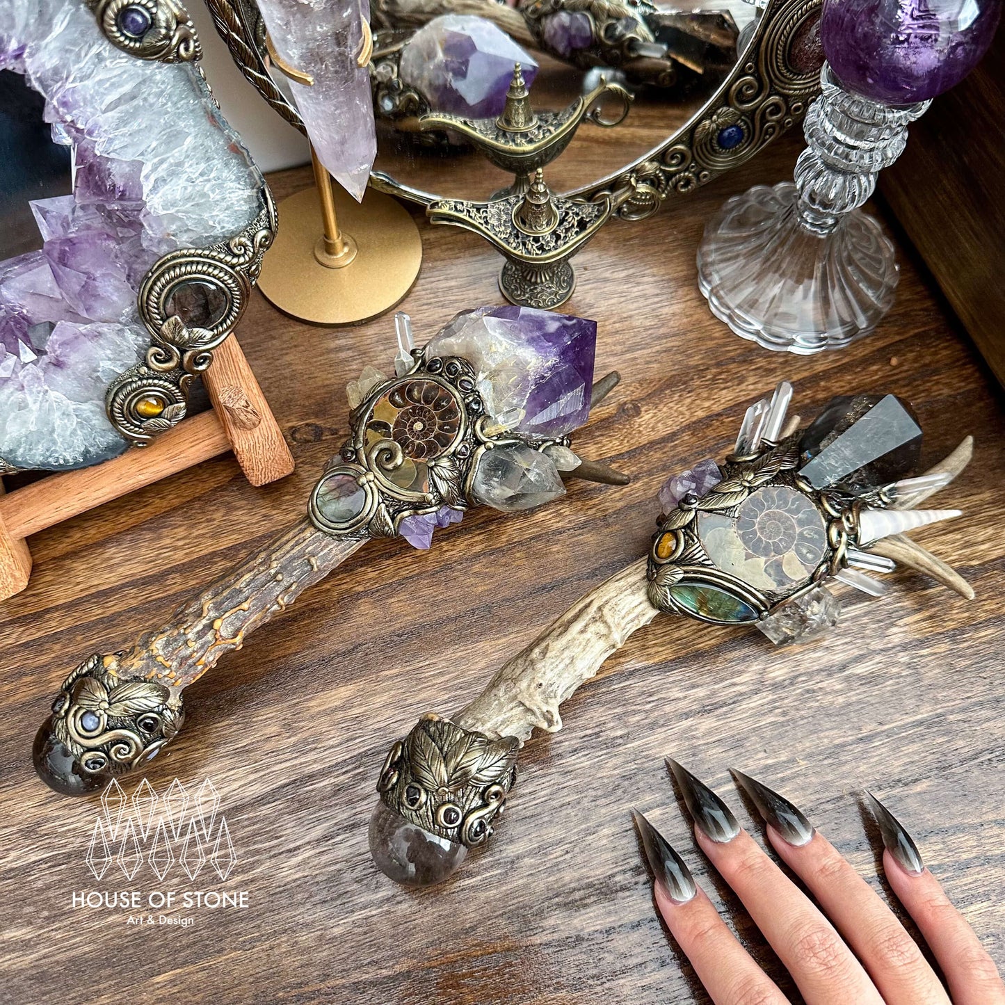 Natural Handmade Crystal Smoky Quartz Antler Wand/Magic Ammonite Witch Wand/Labradorite Amethyst Ammonite Antler Stem/Chakra/Altar Tool
