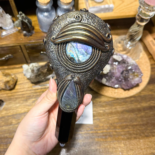 Handmade Natural Black Obsidian Mirror/Magic Obsidian Witch Wand/Crystal Quartz Wand/Scrying Mirror Wand/Root Chakra/Manifest Altar Tool