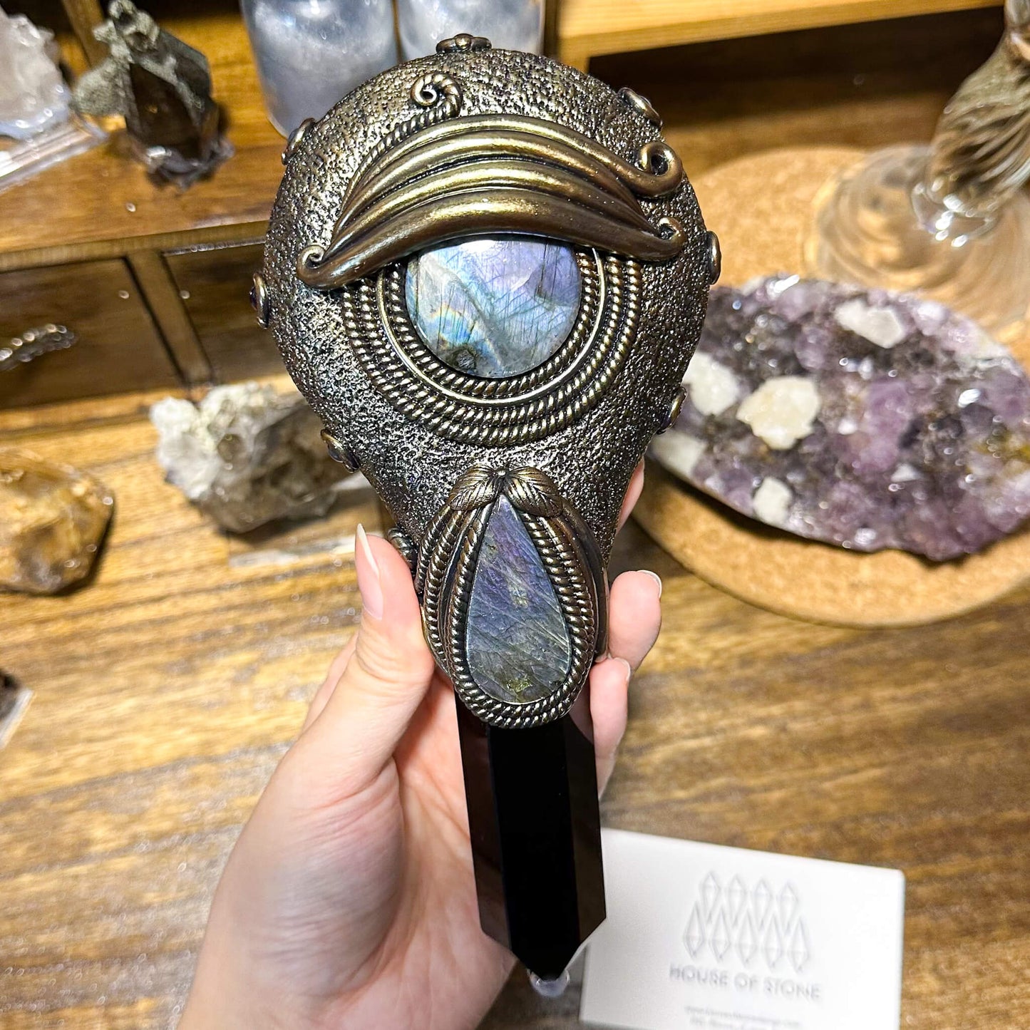 Handmade Natural Black Obsidian Mirror/Magic Obsidian Witch Wand/Crystal Quartz Wand/Scrying Mirror Wand/Root Chakra/Manifest Altar Tool