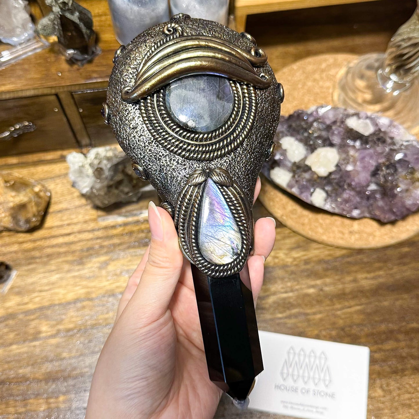 Handmade Natural Black Obsidian Mirror/Magic Obsidian Witch Wand/Crystal Quartz Wand/Scrying Mirror Wand/Root Chakra/Manifest Altar Tool