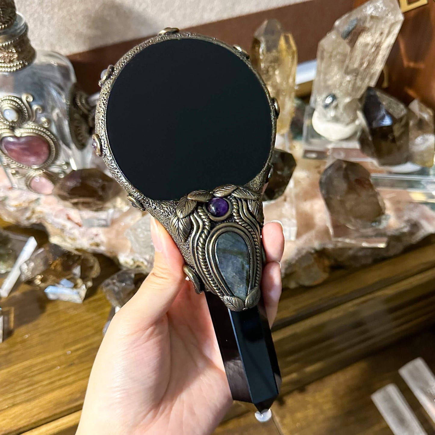 Handmade Natural Black Obsidian Mirror/Magic Obsidian Witch Wand/Crystal Quartz Wand/Scrying Mirror Wand/Root Chakra/Manifest Altar Tool