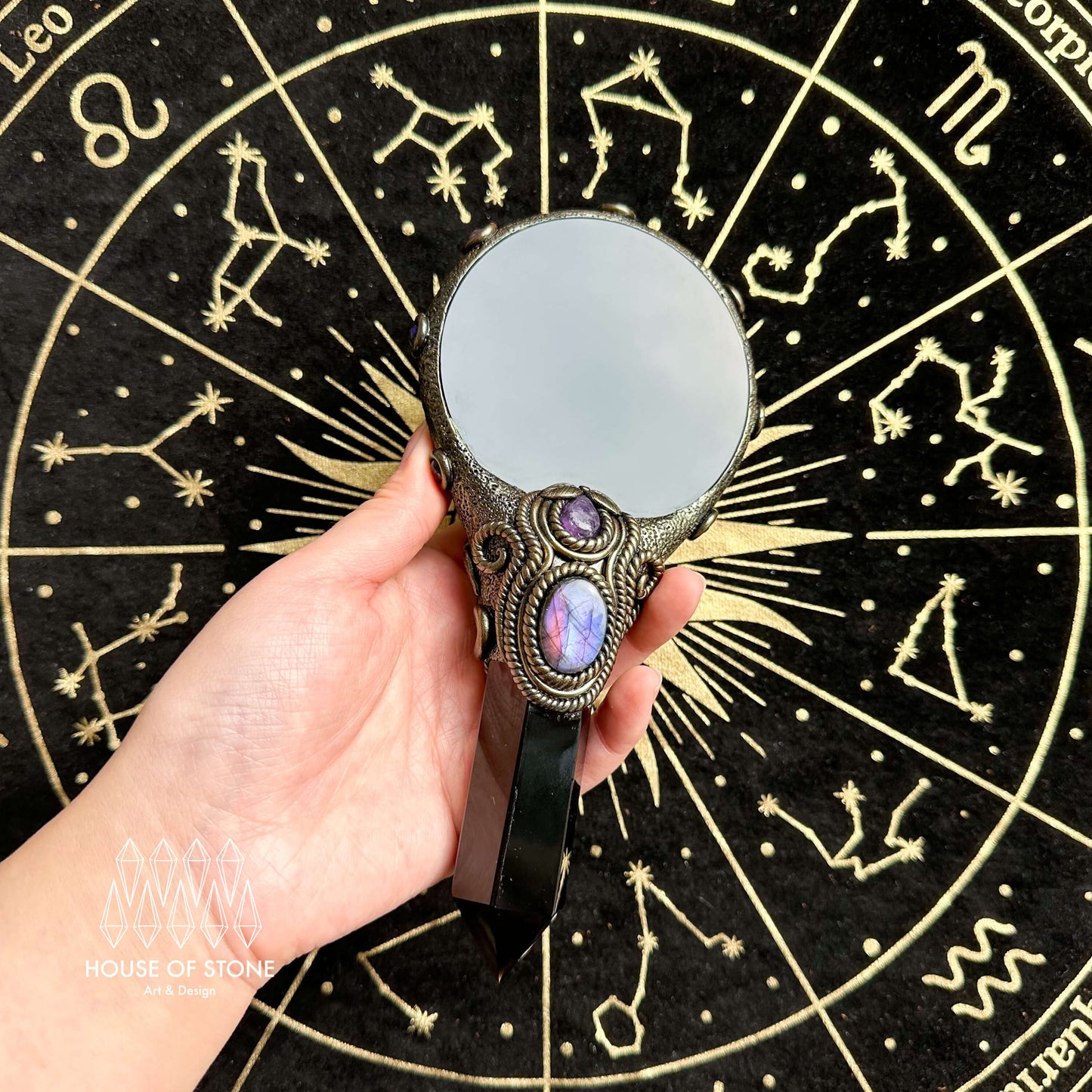 Handmade Natural Black Obsidian Mirror/Magic Obsidian Witch Wand/Crystal Quartz Wand/Scrying Mirror Wand/Root Chakra/Manifest Altar Tool