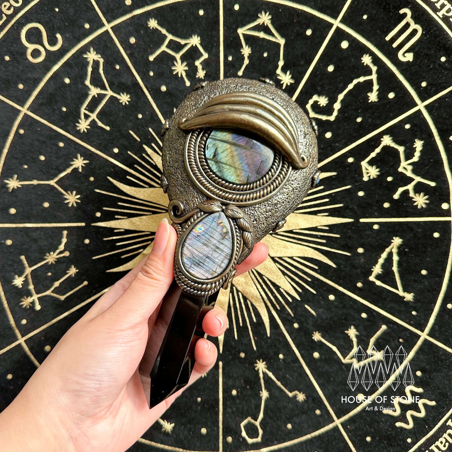 Handmade Natural Black Obsidian Mirror/Magic Obsidian Witch Wand/Crystal Quartz Wand/Scrying Mirror Wand/Root Chakra/Manifest Altar Tool