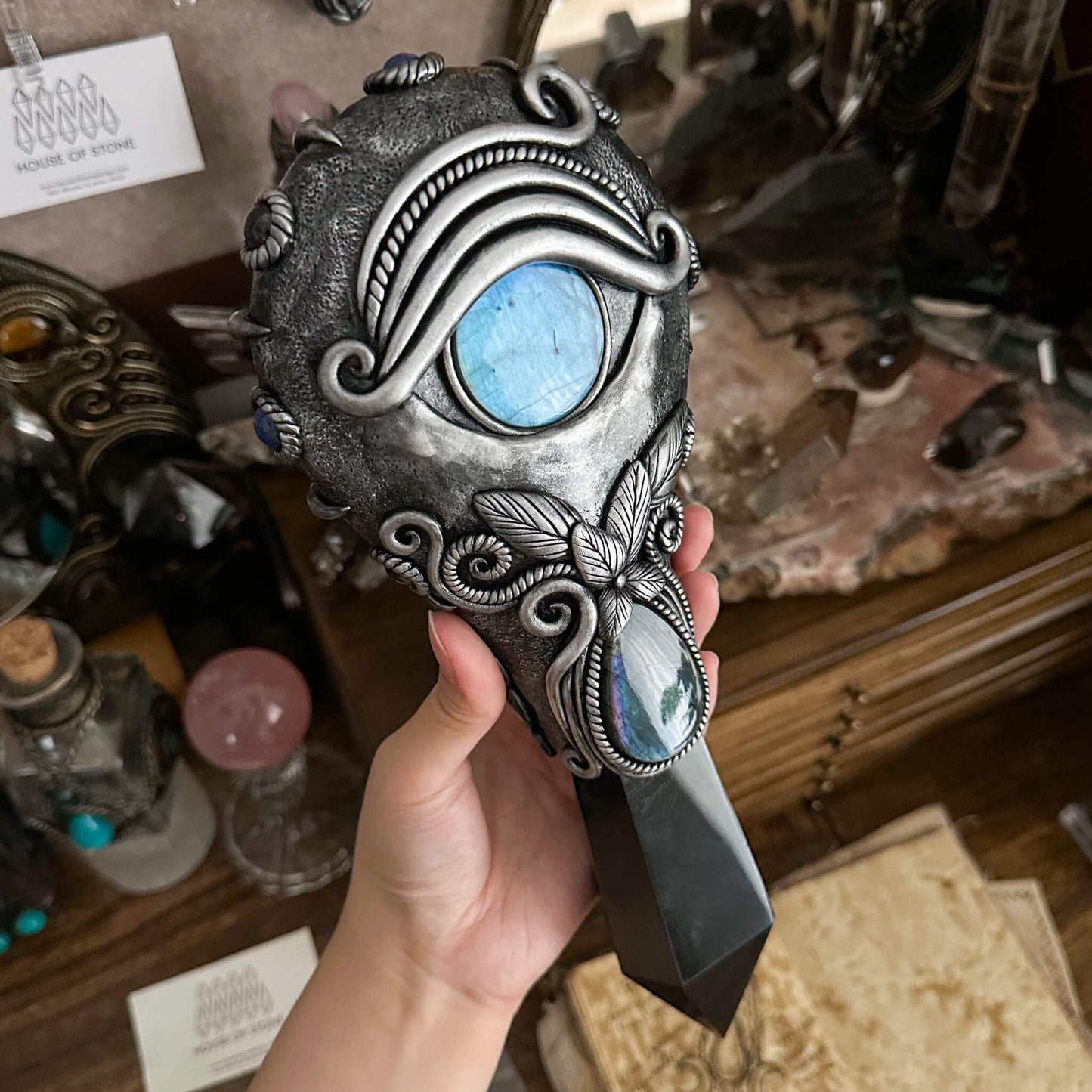 Handmade Natural Black Obsidian Mirror/Magic Obsidian Witch Wand/Crystal Quartz Wand/Scrying Mirror Wand/Root Chakra/Manifest Altar Tool