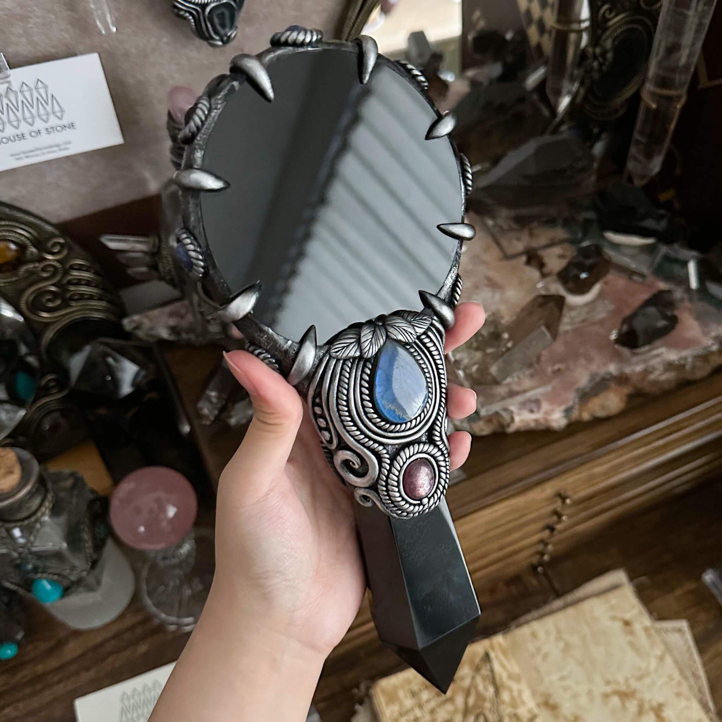 Handmade Natural Black Obsidian Mirror/Magic Obsidian Witch Wand/Crystal Quartz Wand/Scrying Mirror Wand/Root Chakra/Manifest Altar Tool