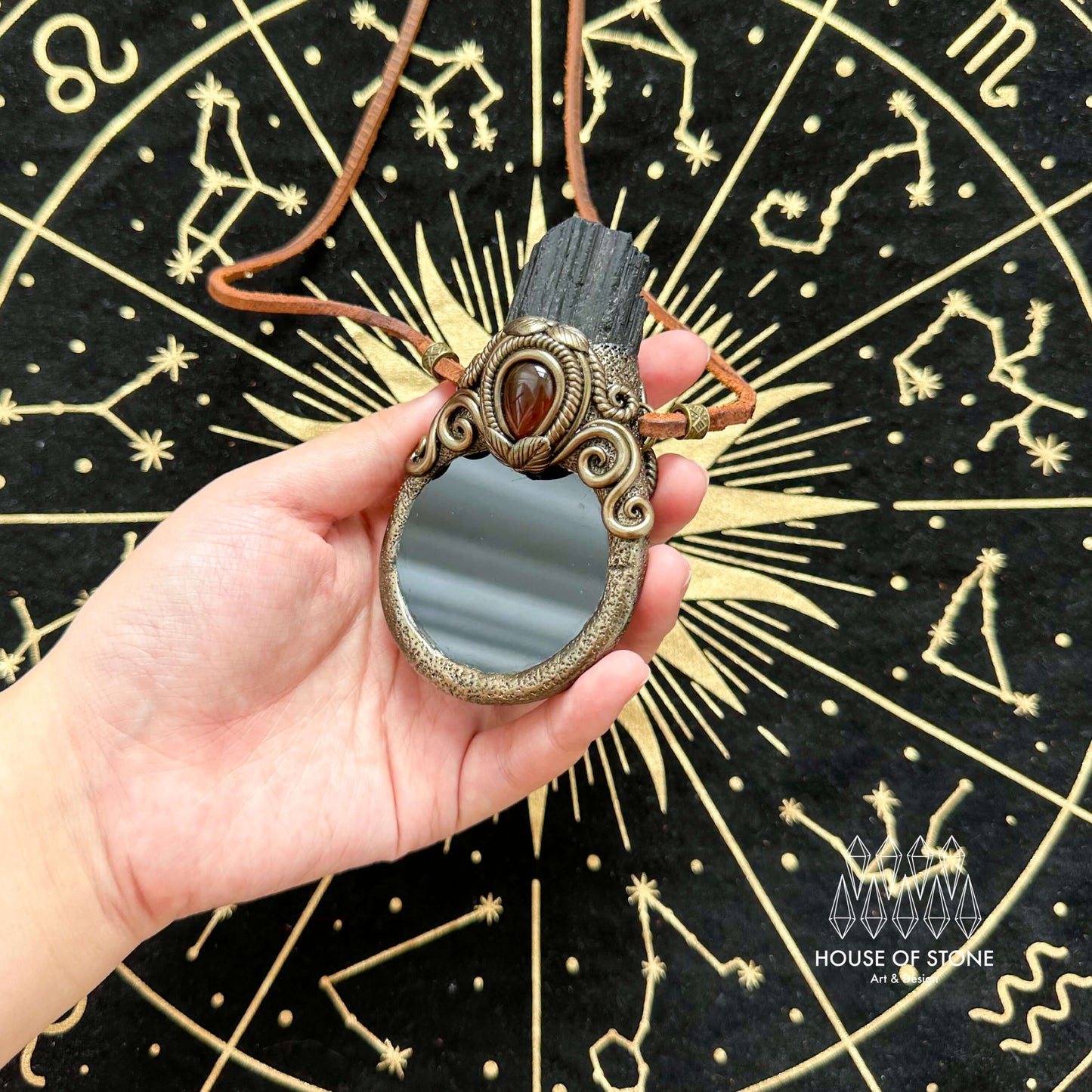 Natural Handmade Black Obsidian Pendant Necklace/Magic Black Tourmaline Mirror Crystal Pendant/Scrying Mirror Amethyst Jewelry/Chakra/Altar Tool