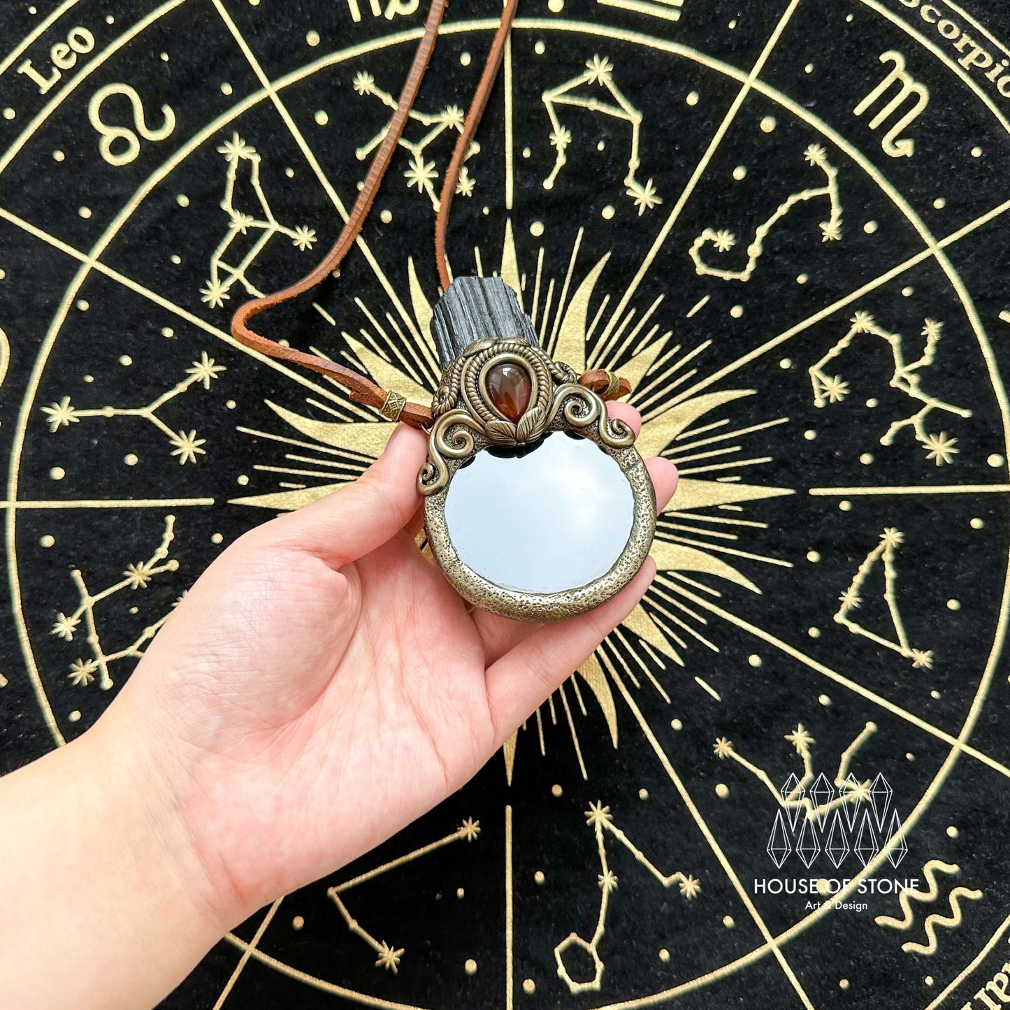 Natural Handmade Black Obsidian Pendant Necklace/Magic Black Tourmaline Mirror Crystal Pendant/Scrying Mirror Amethyst Jewelry/Chakra/Altar Tool