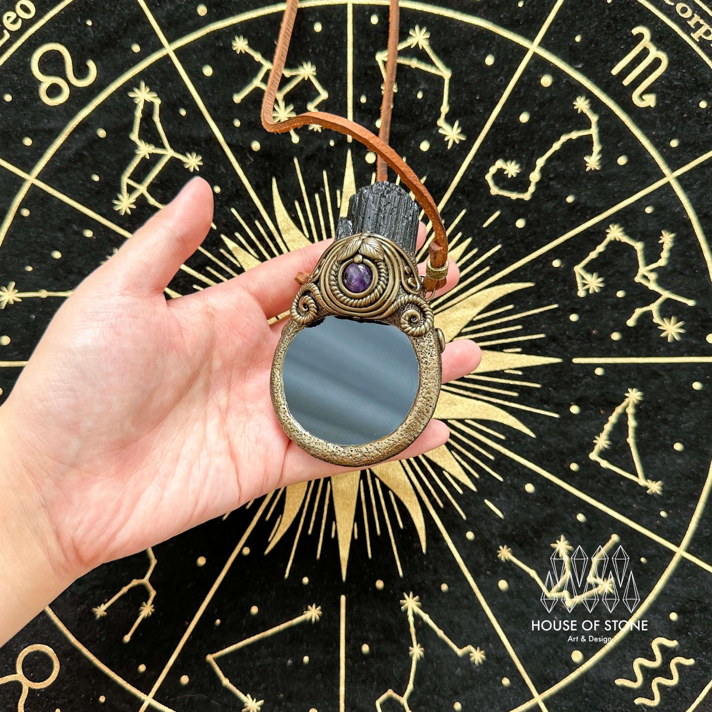 Natural Handmade Black Obsidian Pendant Necklace/Magic Black Tourmaline Mirror Crystal Pendant/Scrying Mirror Amethyst Jewelry/Chakra/Altar Tool