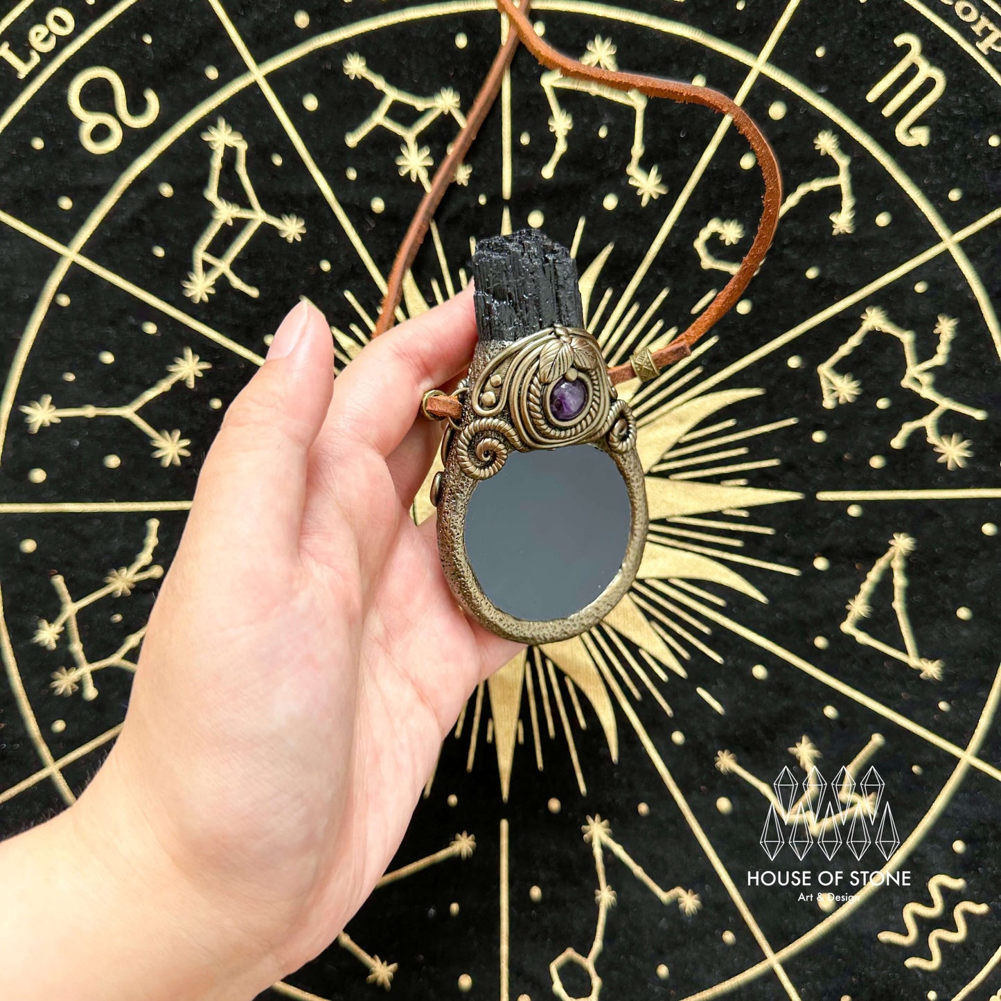 Natural Handmade Black Obsidian Pendant Necklace/Magic Black Tourmaline Mirror Crystal Pendant/Scrying Mirror Amethyst Jewelry/Chakra/Altar Tool