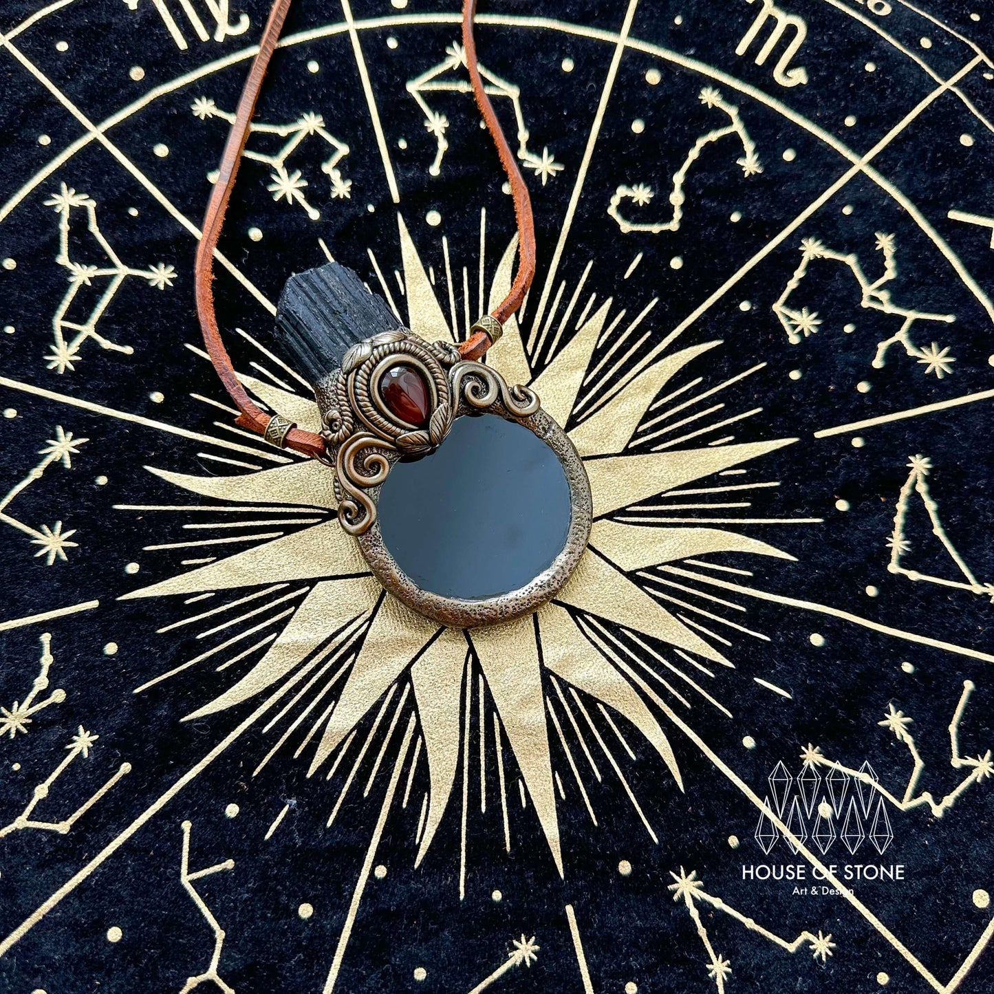 Natural Handmade Black Obsidian Pendant Necklace/Magic Black Tourmaline Mirror Crystal Pendant/Scrying Mirror Amethyst Jewelry/Chakra/Altar Tool