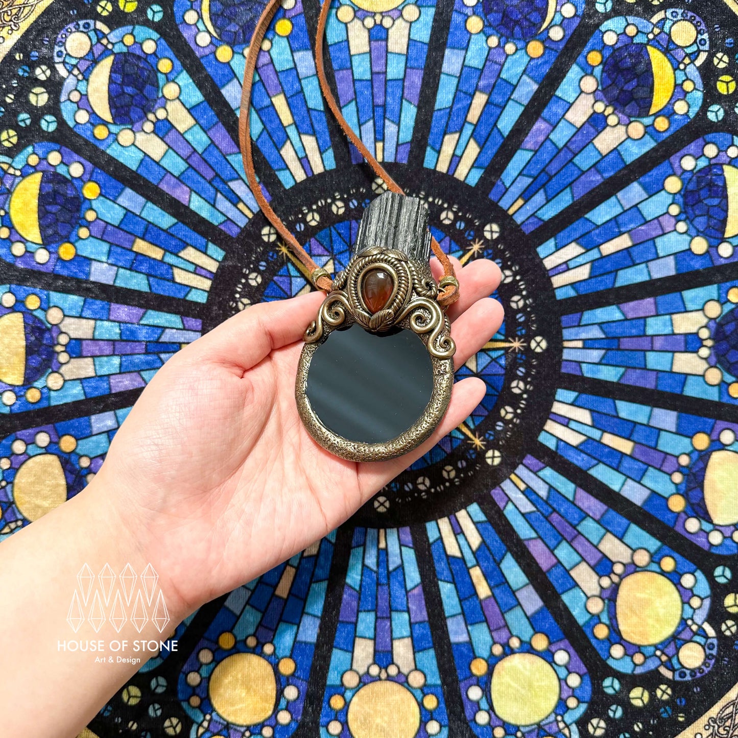 Natural Handmade Black Obsidian Pendant Necklace/Magic Black Tourmaline Mirror Crystal Pendant/Scrying Mirror Amethyst Jewelry/Chakra/Altar Tool