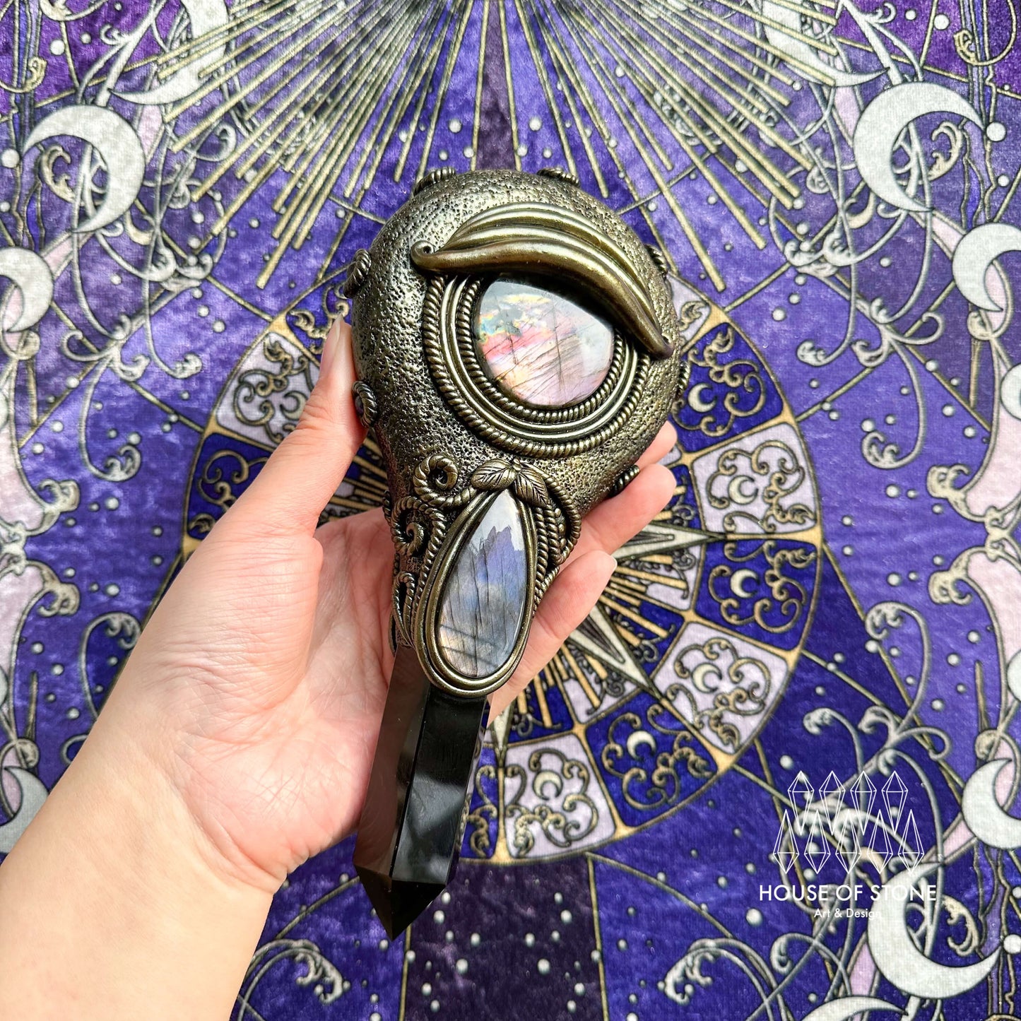 Handmade Natural Black Obsidian Mirror/Magic Obsidian Witch Wand/Crystal Quartz Wand/Scrying Mirror Wand/Root Chakra/Manifest Altar Tool