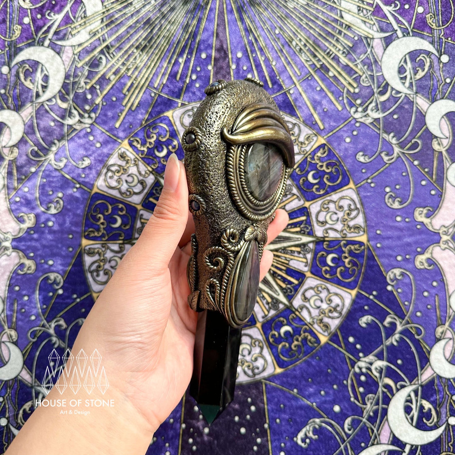 Handmade Natural Black Obsidian Mirror/Magic Obsidian Witch Wand/Crystal Quartz Wand/Scrying Mirror Wand/Root Chakra/Manifest Altar Tool