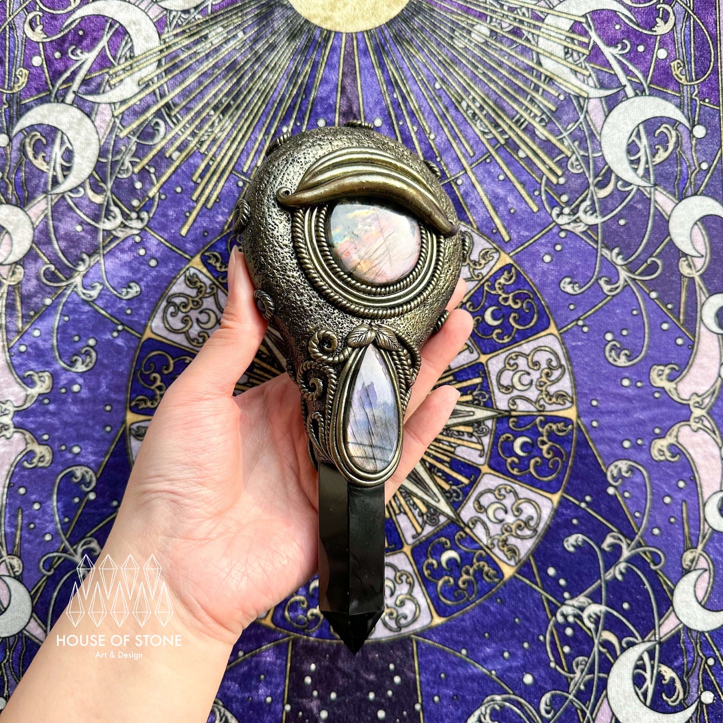 Handmade Natural Black Obsidian Mirror/Magic Obsidian Witch Wand/Crystal Quartz Wand/Scrying Mirror Wand/Root Chakra/Manifest Altar Tool