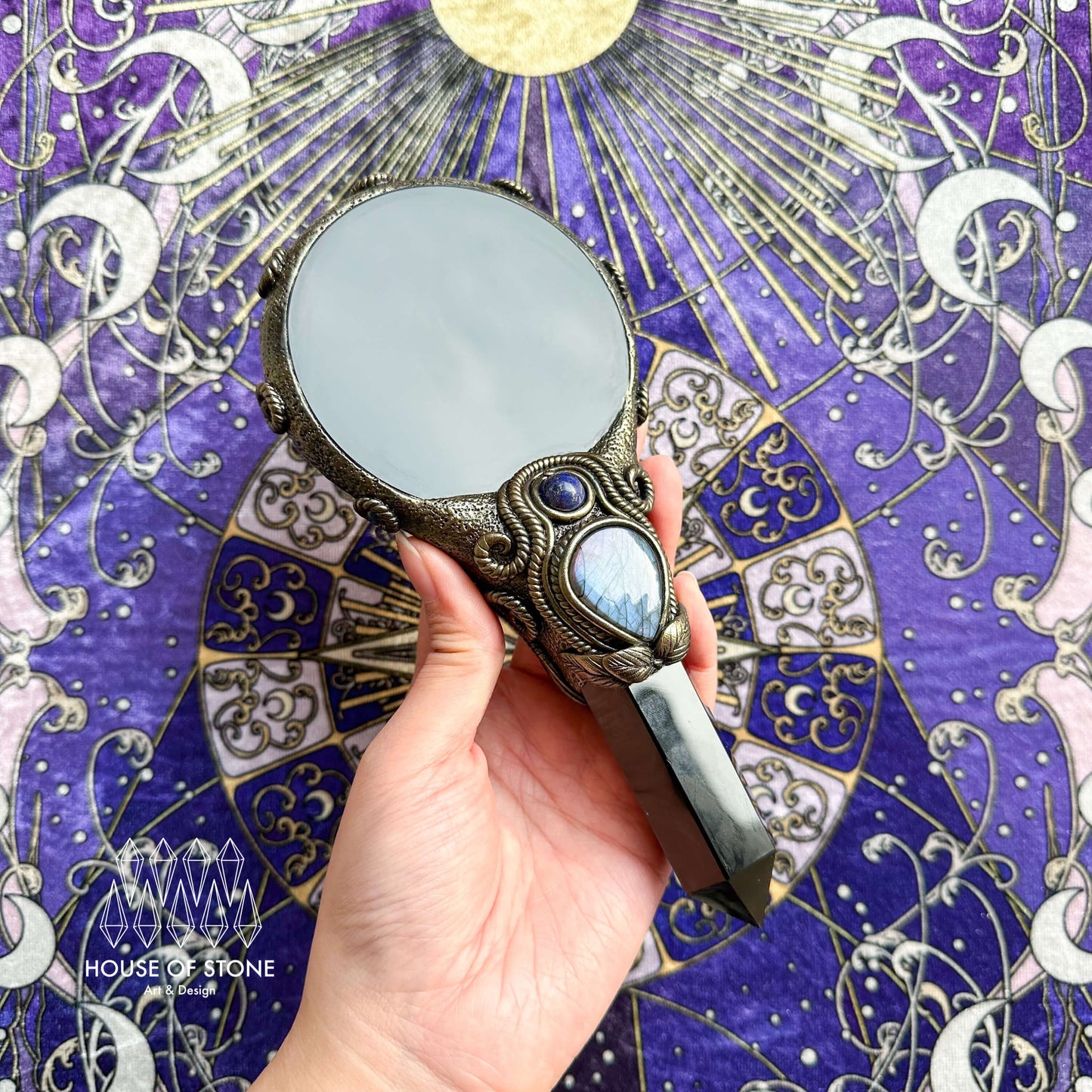 Handmade Natural Black Obsidian Mirror/Magic Obsidian Witch Wand/Crystal Quartz Wand/Scrying Mirror Wand/Root Chakra/Manifest Altar Tool