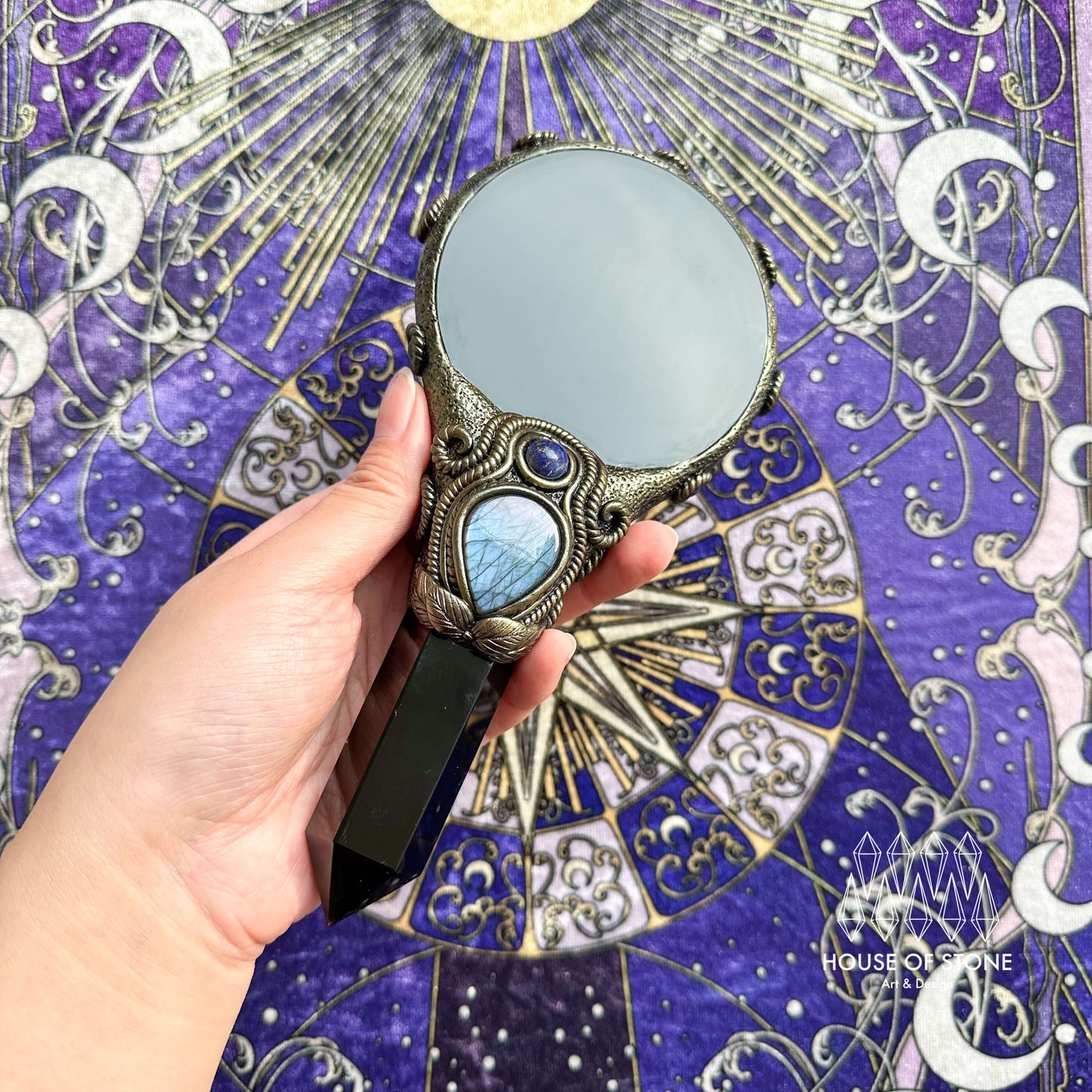 Handmade Natural Black Obsidian Mirror/Magic Obsidian Witch Wand/Crystal Quartz Wand/Scrying Mirror Wand/Root Chakra/Manifest Altar Tool
