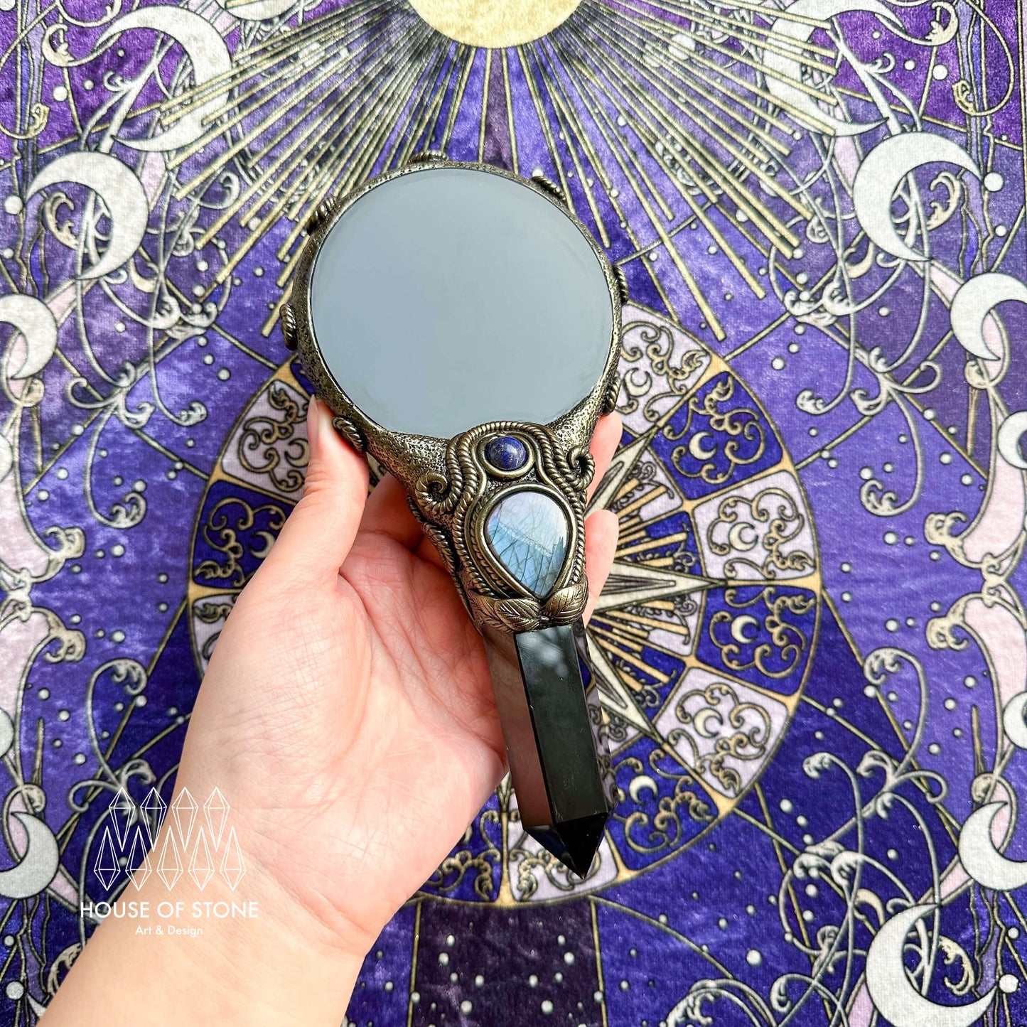 Handmade Natural Black Obsidian Mirror/Magic Obsidian Witch Wand/Crystal Quartz Wand/Scrying Mirror Wand/Root Chakra/Manifest Altar Tool