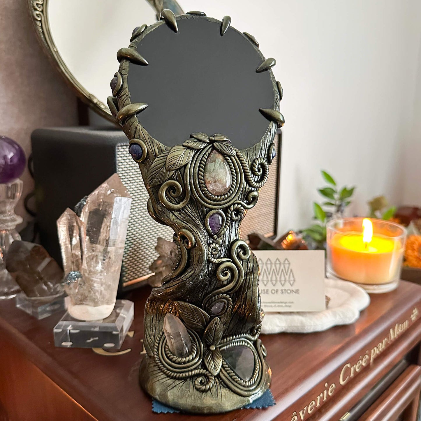 Handmade Natural Black Obsidian Mirror/Magic Obsidian Witch/Crystal Quartz with Base/Scrying Mirror/Root Chakra/Manifest Altar Tool