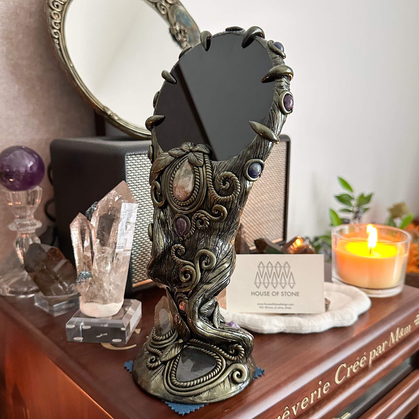 Handmade Natural Black Obsidian Mirror/Magic Obsidian Witch/Crystal Quartz with Base/Scrying Mirror/Root Chakra/Manifest Altar Tool