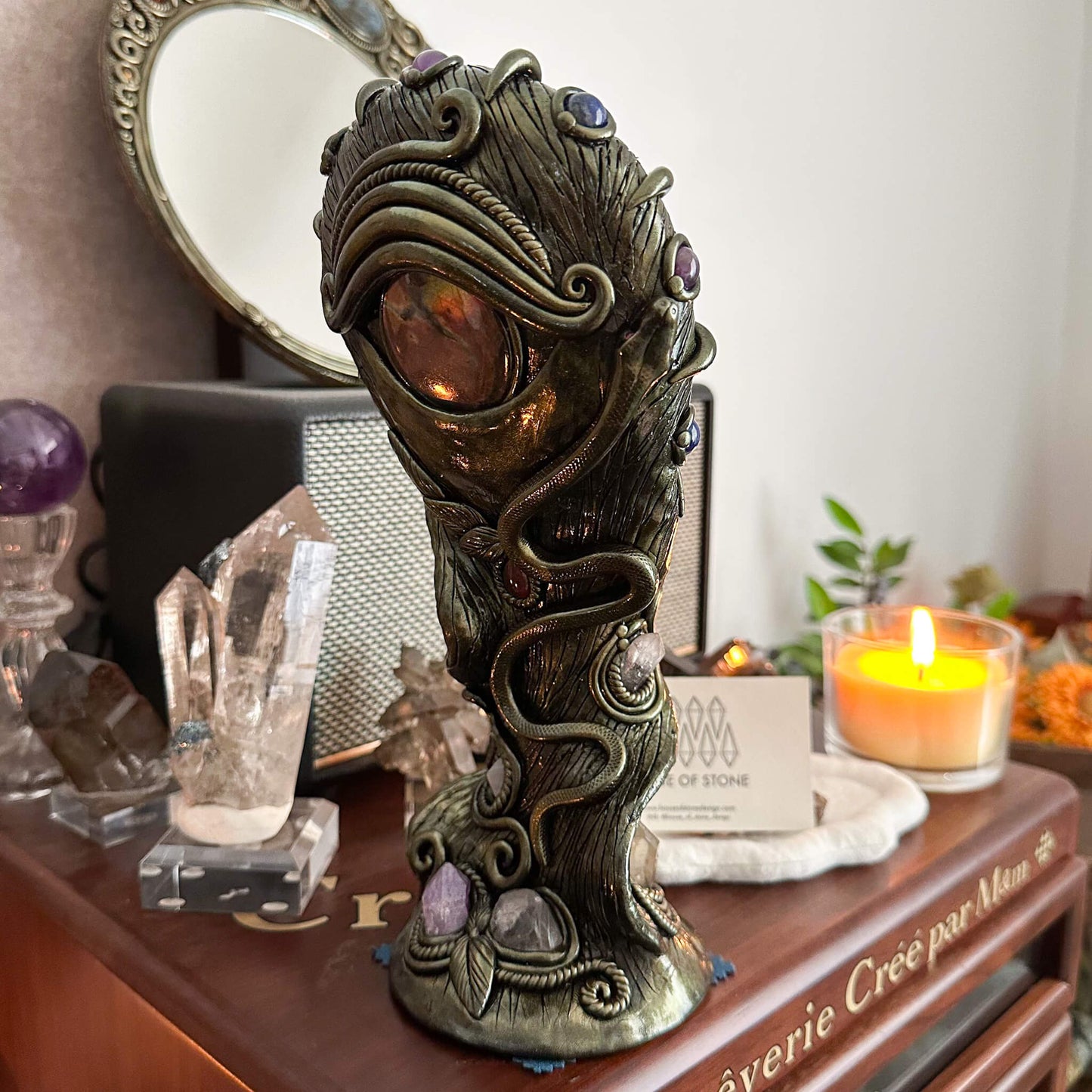 Handmade Natural Black Obsidian Mirror/Magic Obsidian Witch/Crystal Quartz with Base/Scrying Mirror/Root Chakra/Manifest Altar Tool