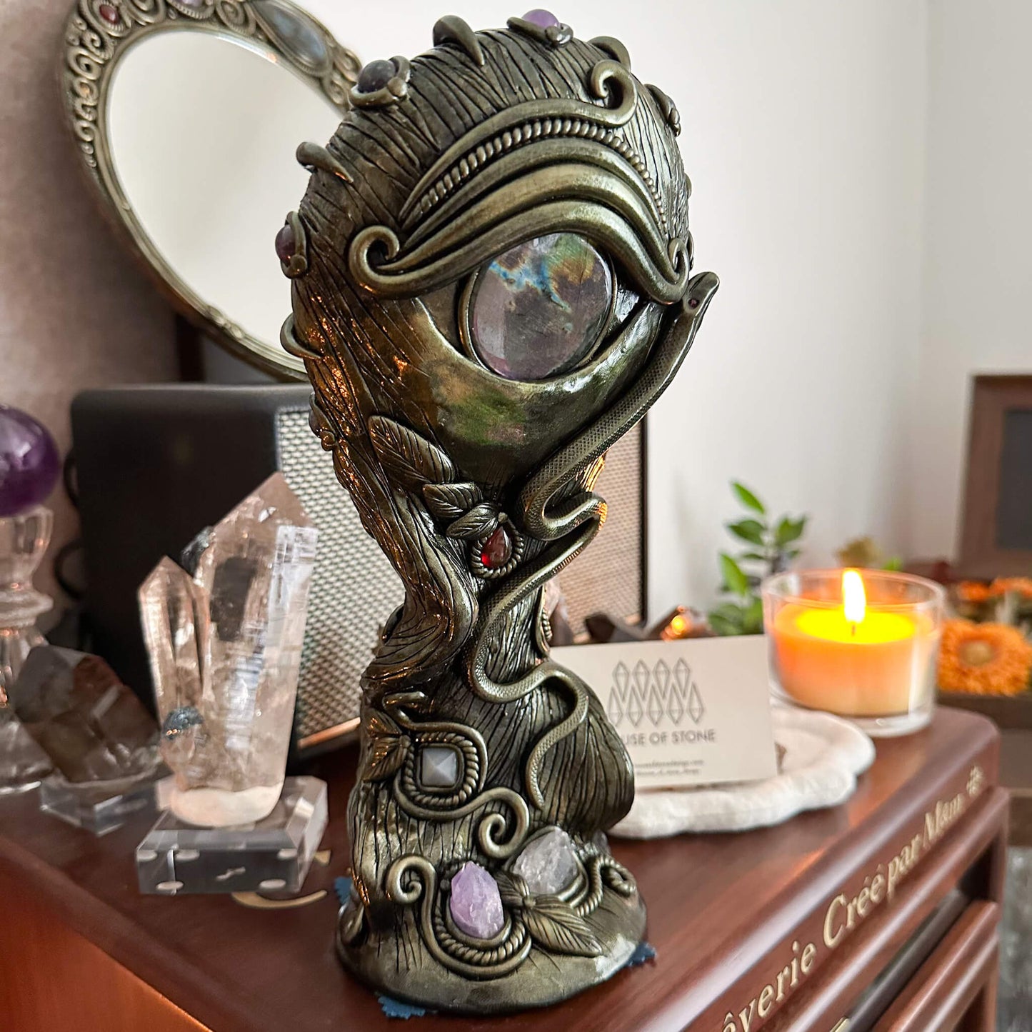 Handmade Natural Black Obsidian Mirror/Magic Obsidian Witch/Crystal Quartz with Base/Scrying Mirror/Root Chakra/Manifest Altar Tool